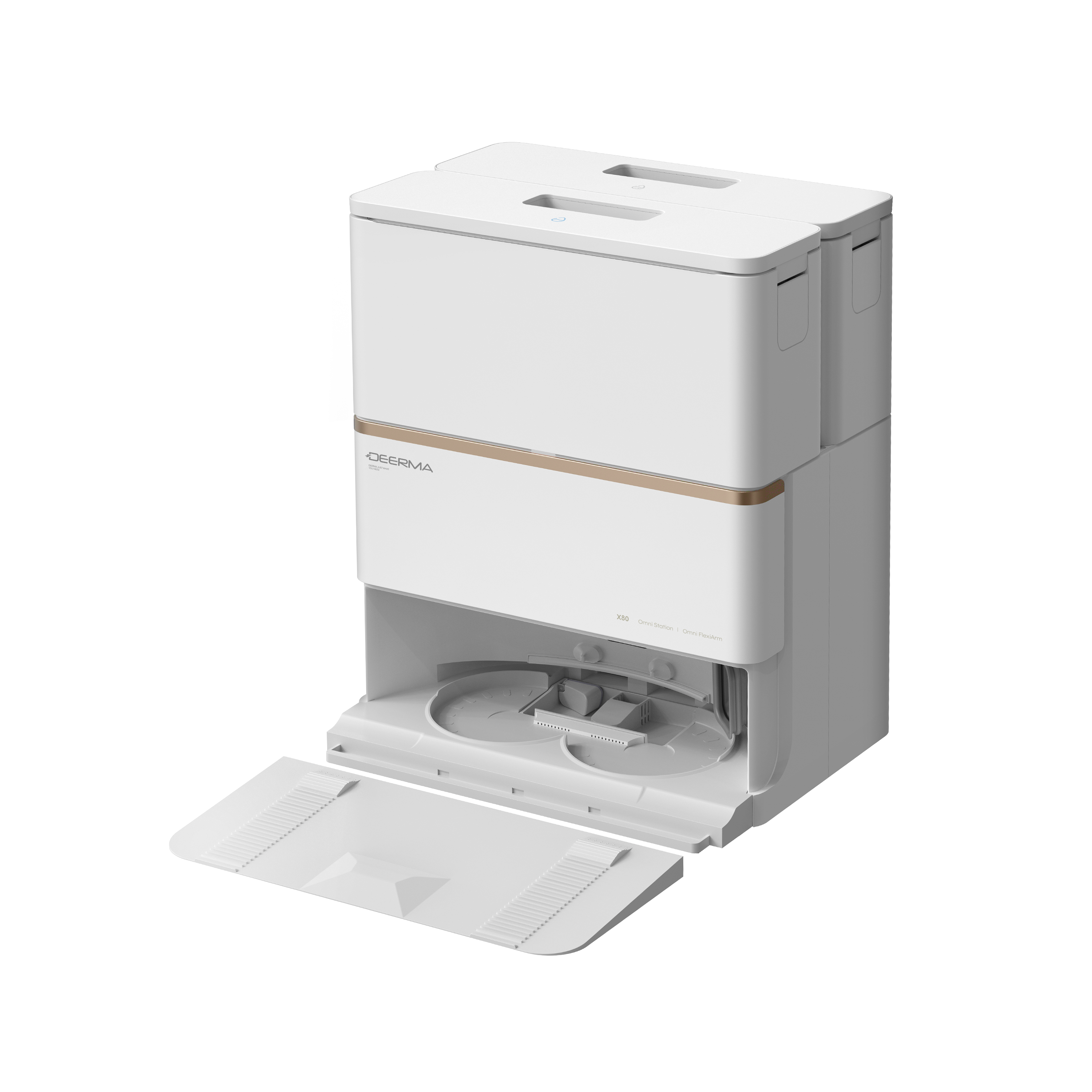 Biało-złota stacja robota odkurzającego z otwartym panelem dostępu. Widoczna marka Deerma.