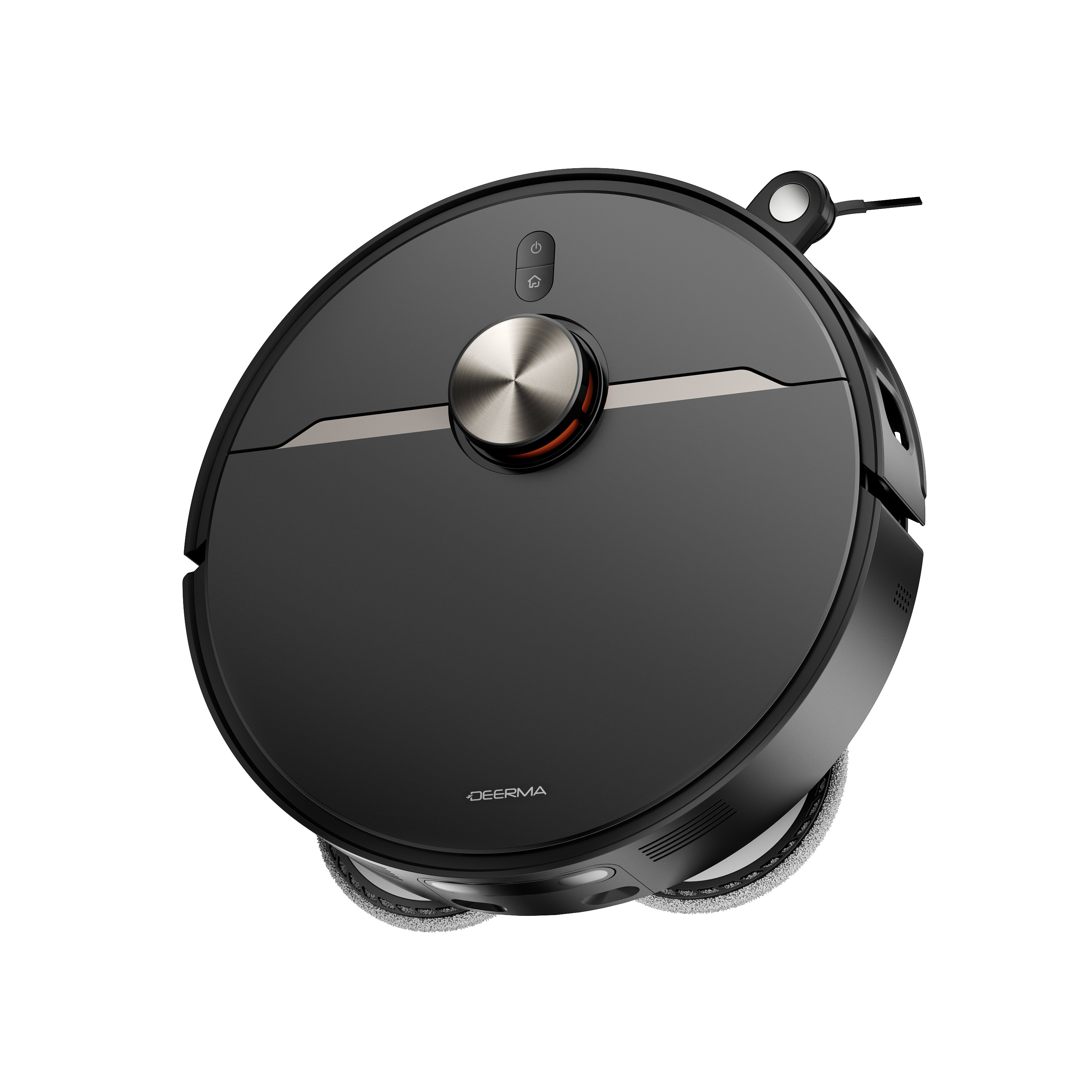 Czarny robot sprzątający na białym tle. Ma srebrny przycisk i srebrny środek.