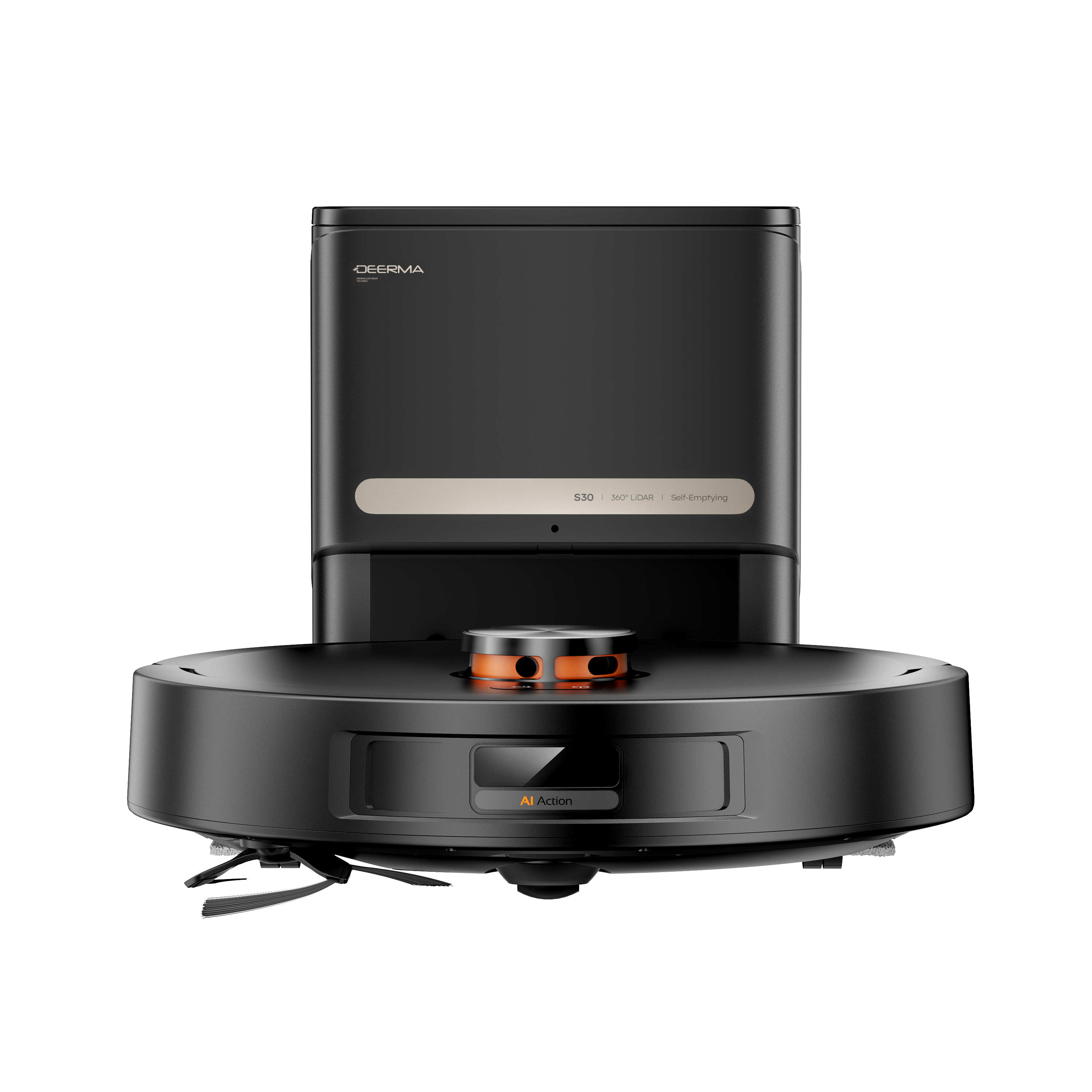 Czarny i pomarańczowy robot odkurzający. Ma stację ładującą u góry. Cechy: 360° LiDAR, samoczyszczący i AI Action.