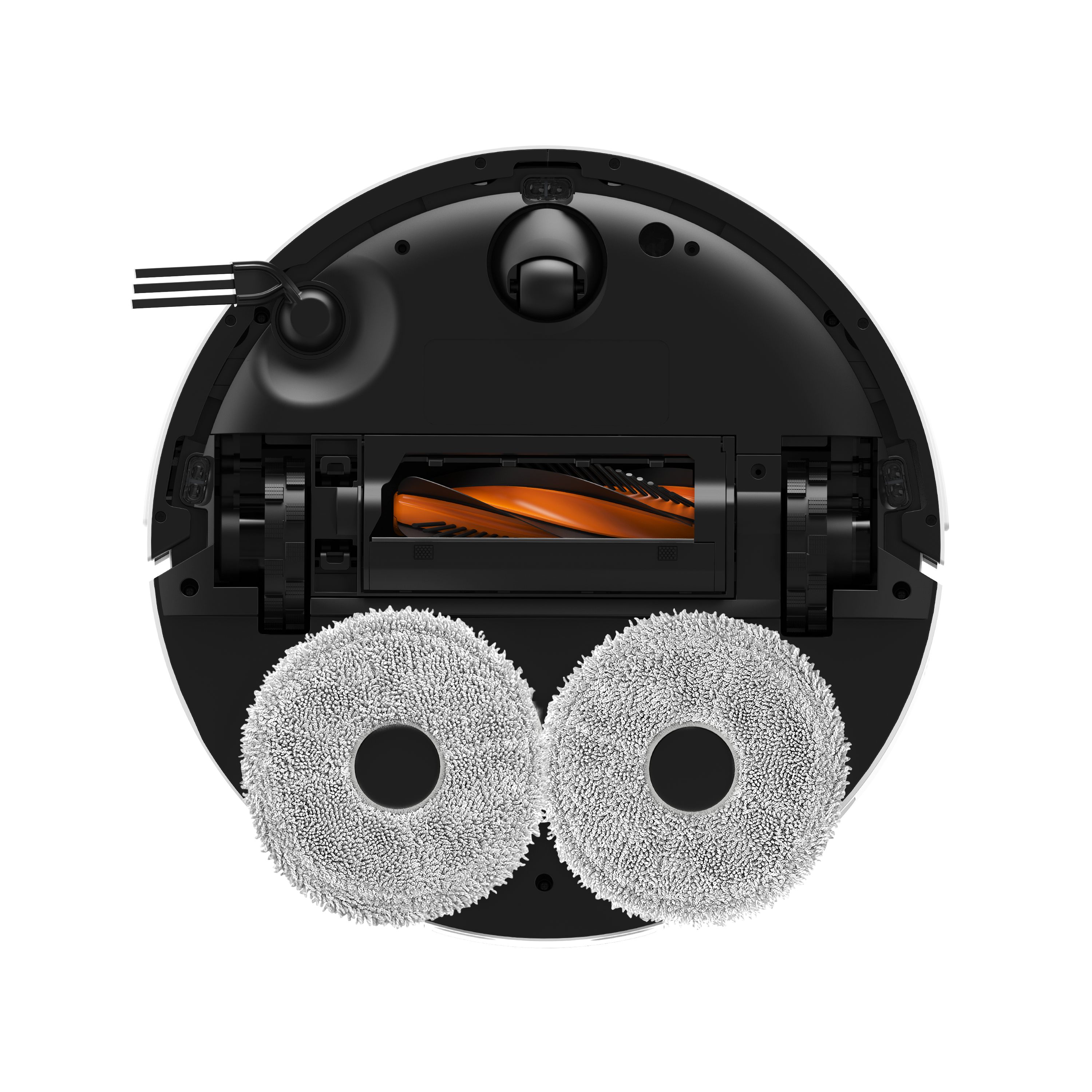 Widok od spodu robota sprzątającego, z widocznymi szczotkami, nakładkami do mopowania i szczotką obrotową. Czarno-biały z pomarańczowymi akcentami.