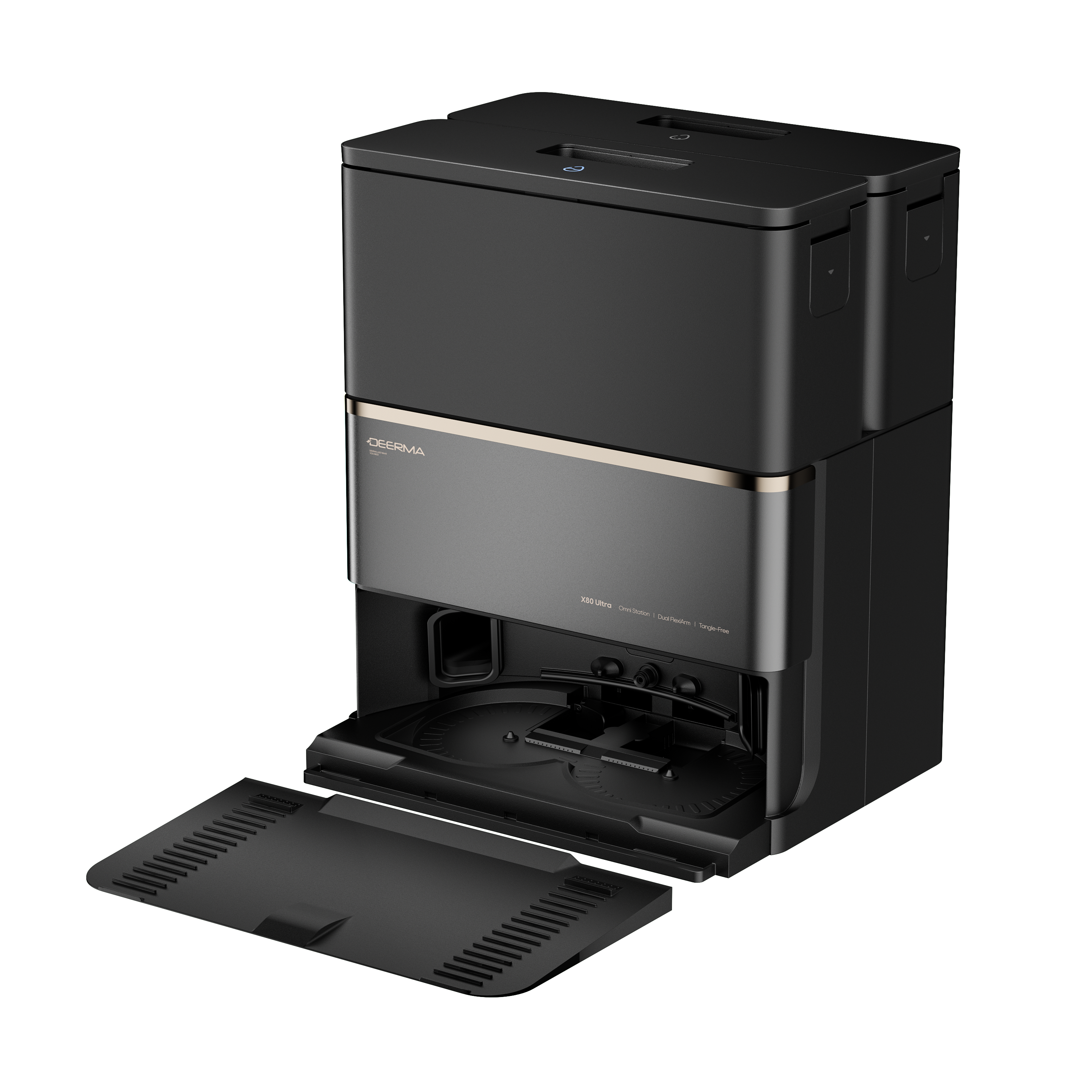 Czarny i szary odkurzacz automatyczny X80 Ultra z otwartą tacą czyszczącą. Odkurzacz jest na białym tle.