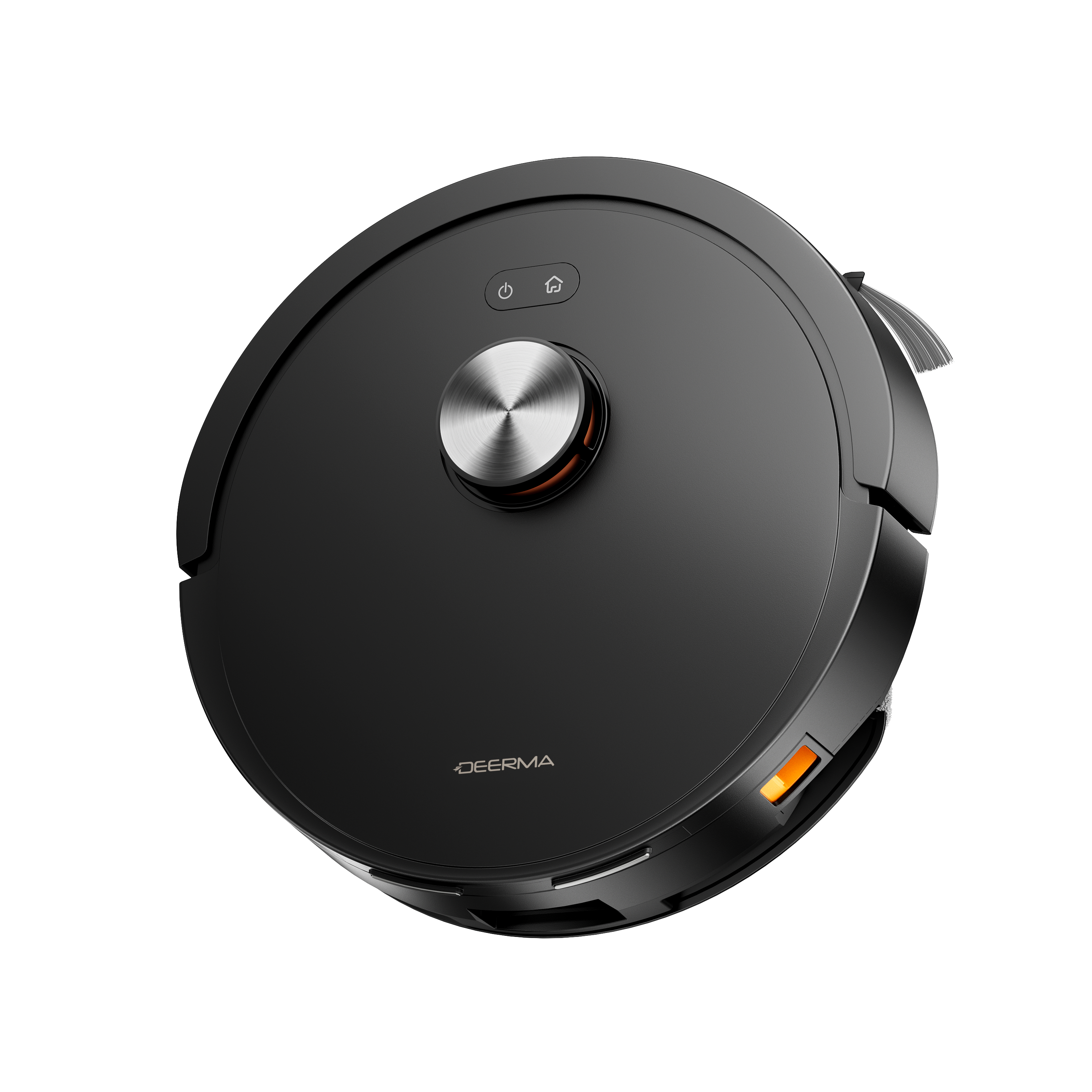 Czarny odkurzacz automatyczny. Widok z góry, okrągły kształt z przyciskami i srebrnym przyciskiem centralnym. Białe tło.