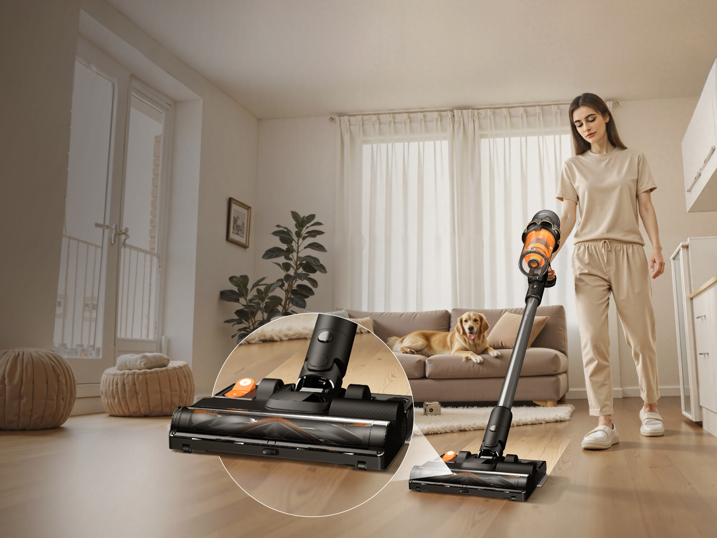 Kobieta z odkurzaczem w pokoju. Pies leży na kanapie. Odkurzacz jest w centrum.