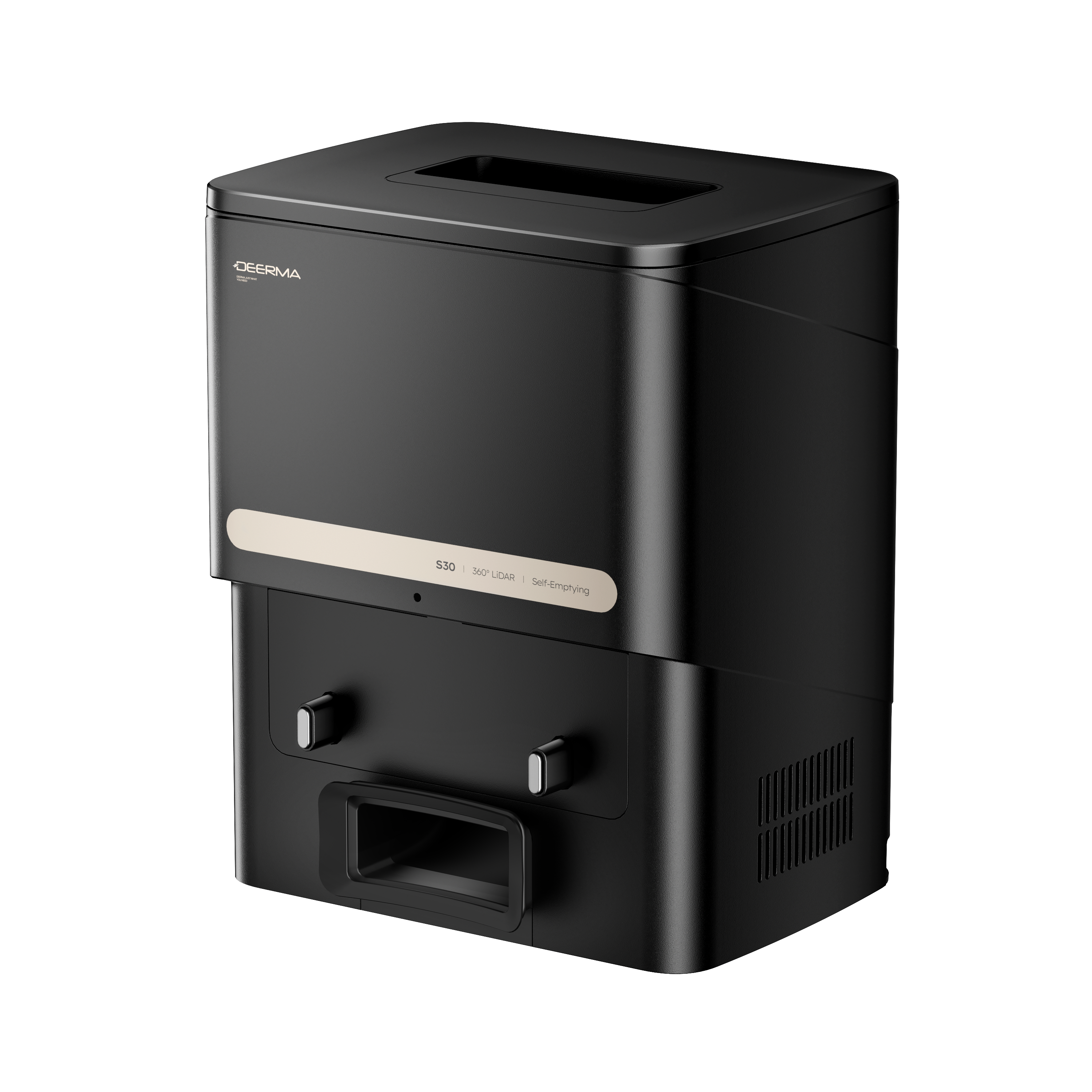 Czarne prostokątne urządzenie z otworem u góry. Ma beżowy poziomy pasek z tekstem. Posiada dwa pokrętła i otwór u dołu.