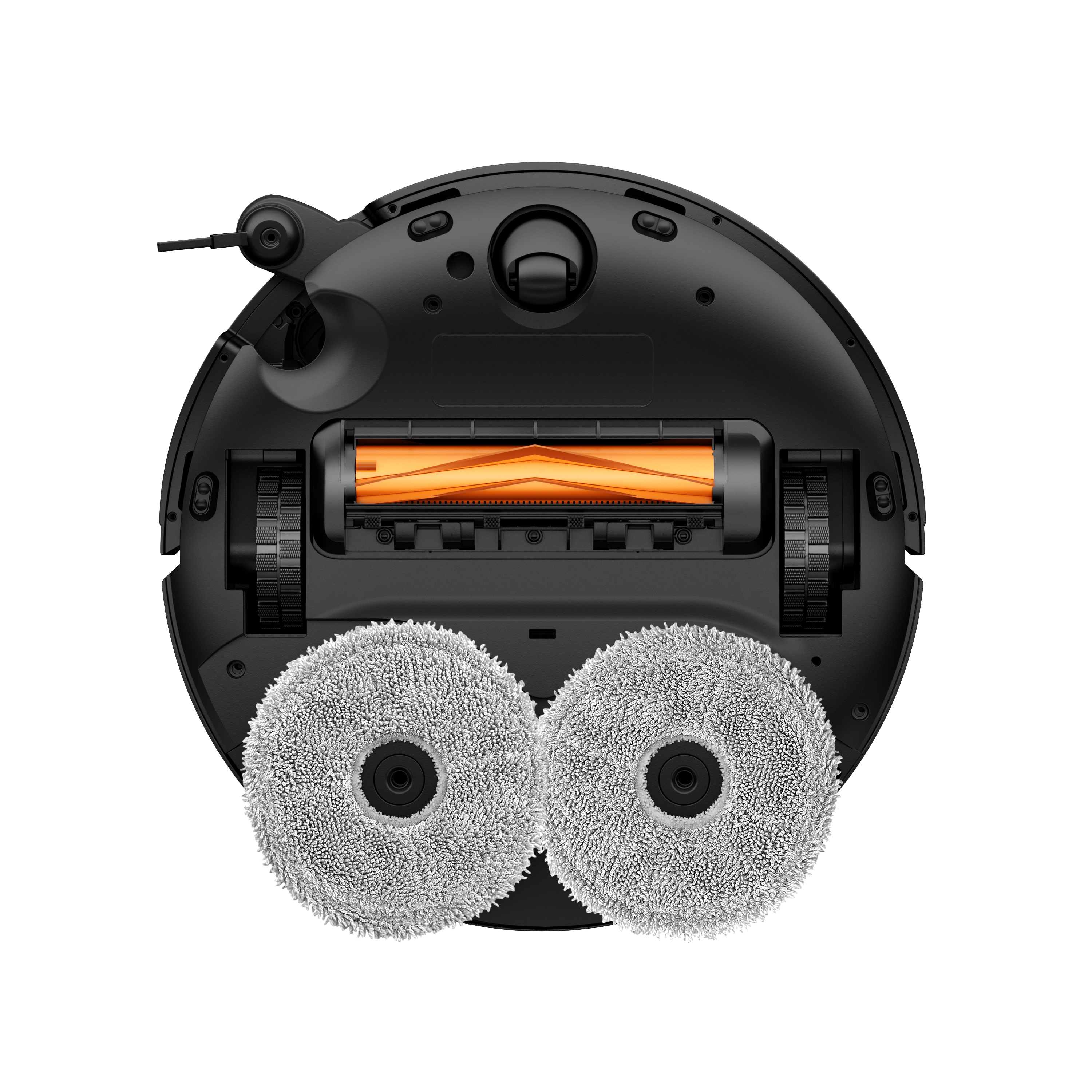 Widok od spodu czarnego robota odkurzającego. Ma dwie okrągłe nakładki czyszczące, pomarańczową szczotkę rolkową i czujniki.