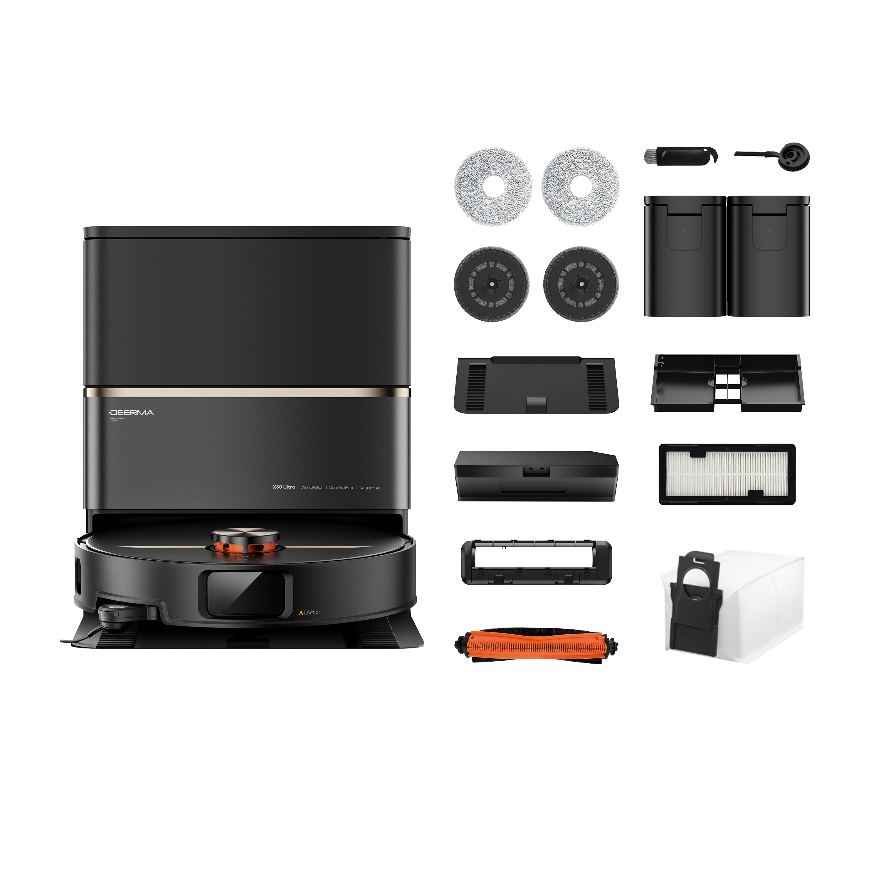 Czarny i złoty robot odkurzający z różnymi akcesoriami, takimi jak szczotki i pady czyszczące, na białym tle.