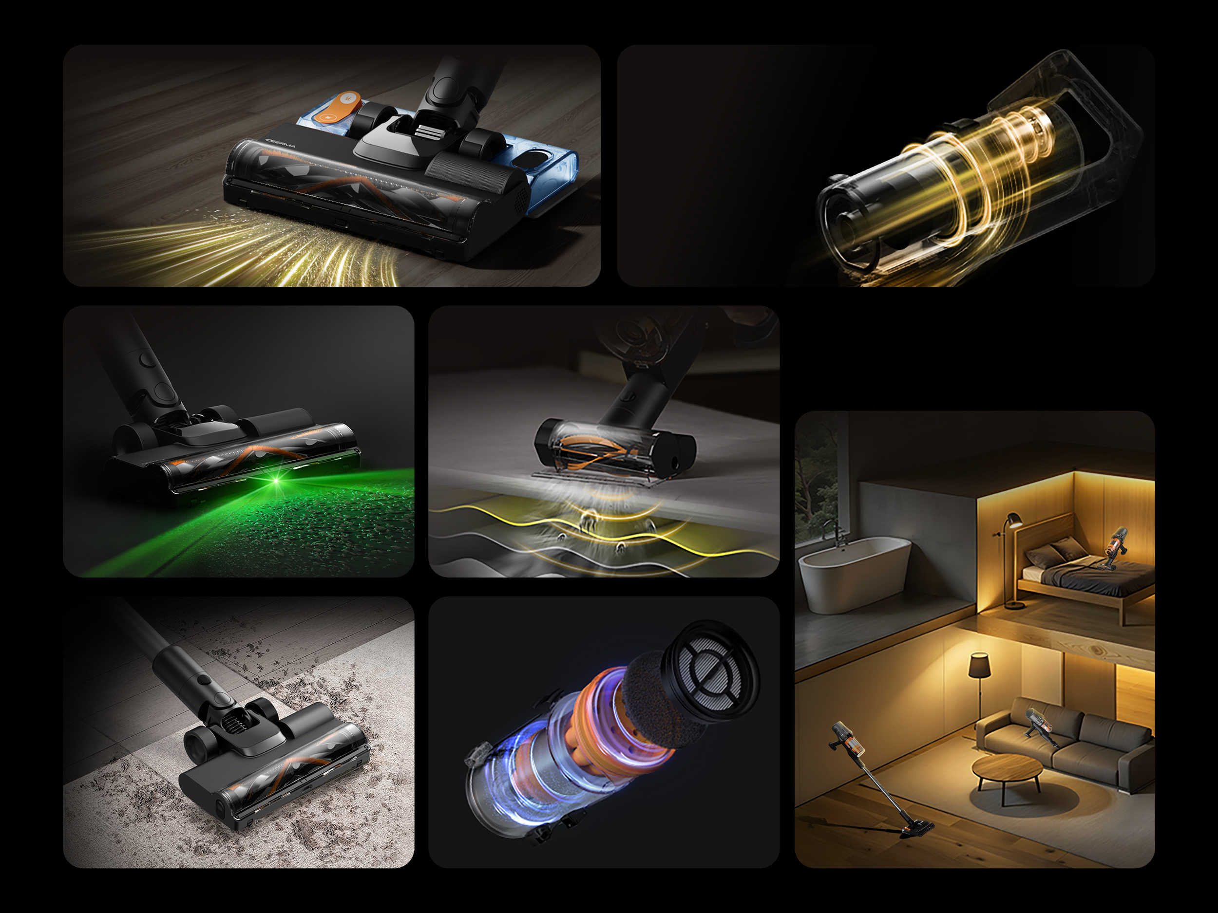 Wiele ujęć czarno-pomarańczowego odkurzacza w użyciu, jego komponentów i zaaranżowanego otoczenia domowego.