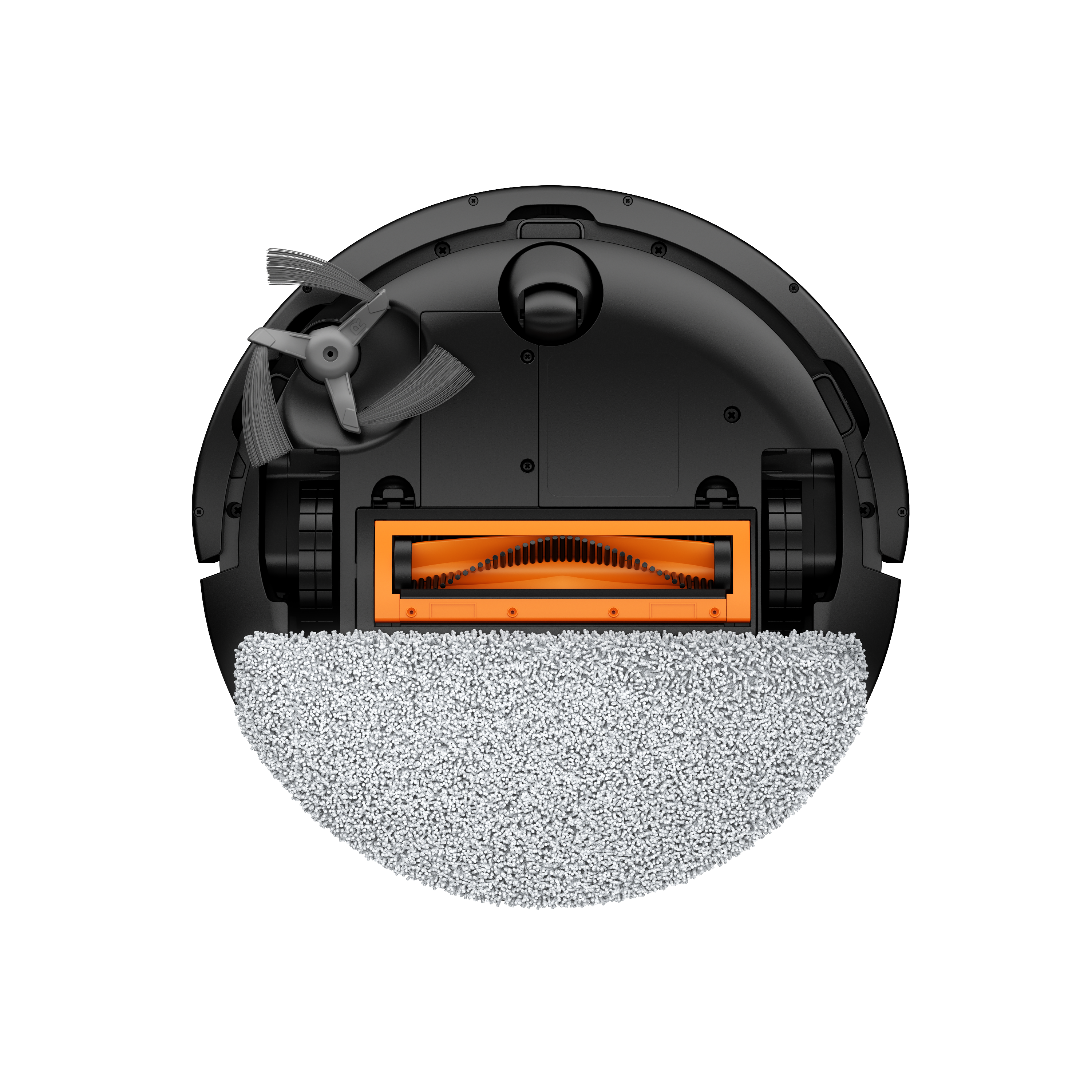 Widok z góry na czarny odkurzacz automatyczny. Posiada obrotowe szczotki, pomarańczowy wałek szczotkowy i szarą nakładkę czyszczącą.