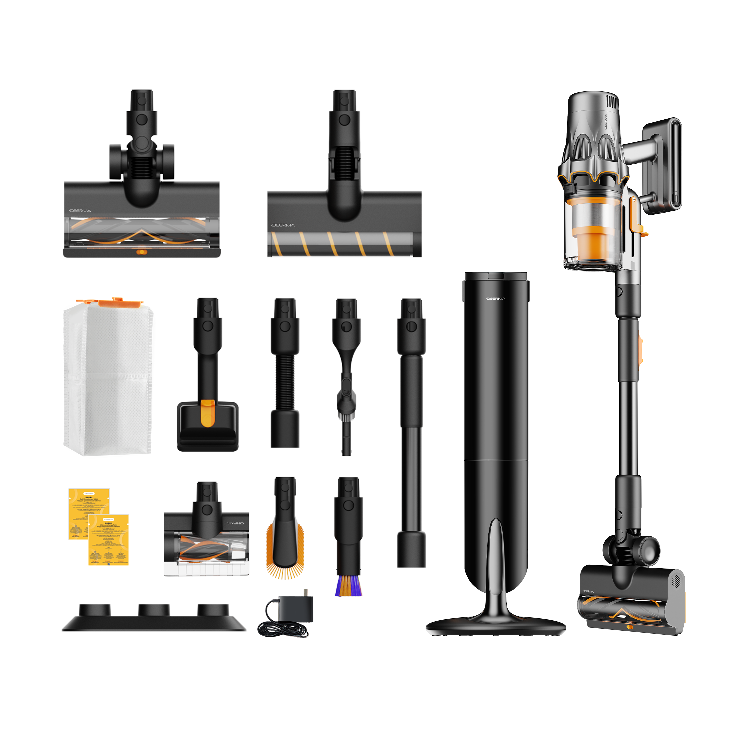 Zdemontowany czarno-szary odkurzacz z wieloma nasadkami, w tym szczotkami i stacją ładującą.