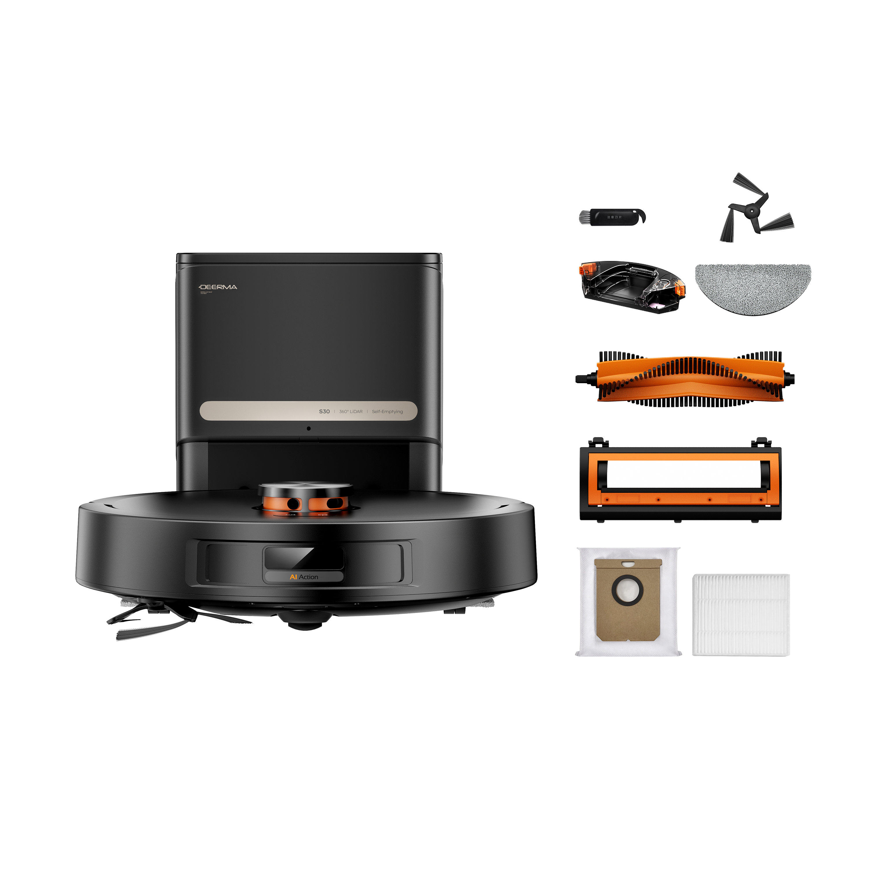 Czarny i pomarańczowy odkurzacz automatyczny oraz jego komponenty wyświetlane na białym tle.