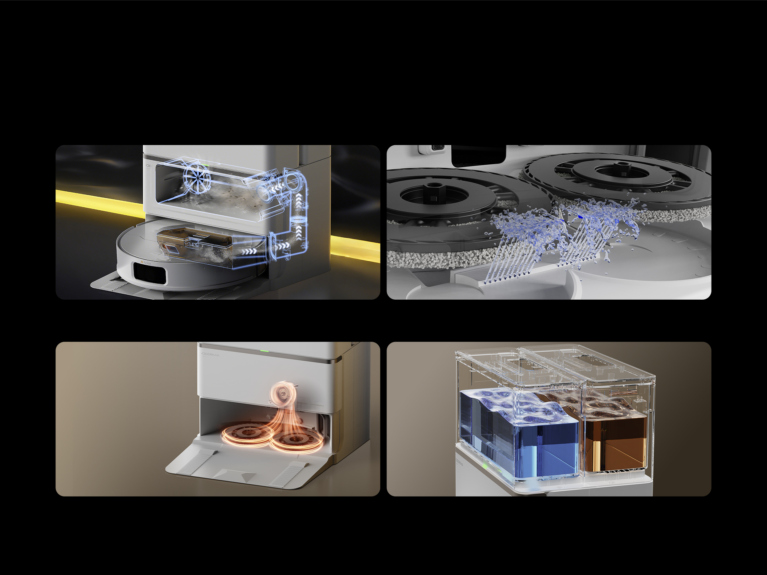 Schemat robota odkurzającego pokazujący części wewnętrzne, natrysk wody i proces zbierania kurzu.