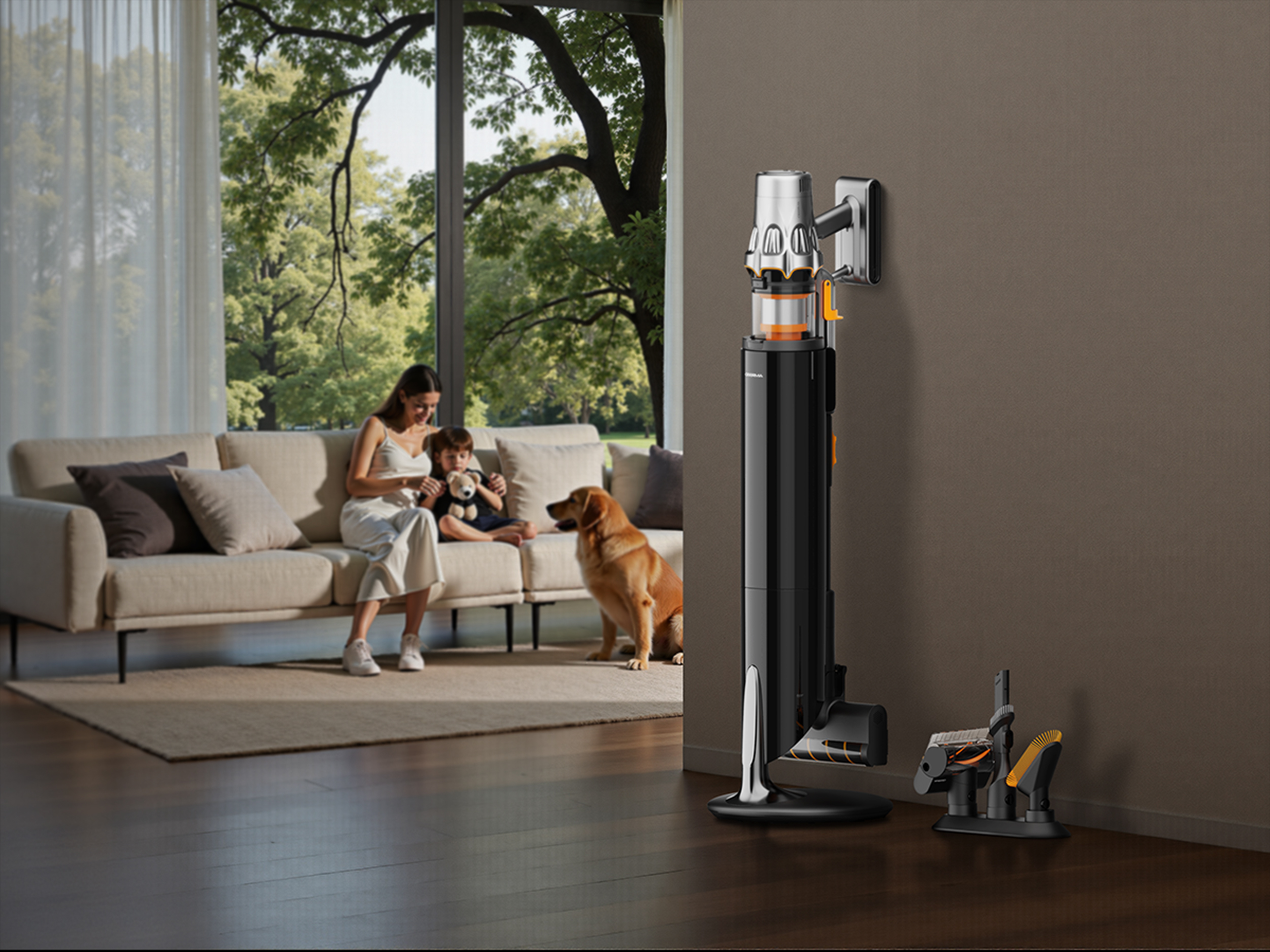 Kobieta i dziecko siedzą na kanapie z psem. W pobliżu stoi odkurzacz. Tło przedstawia drzewa.