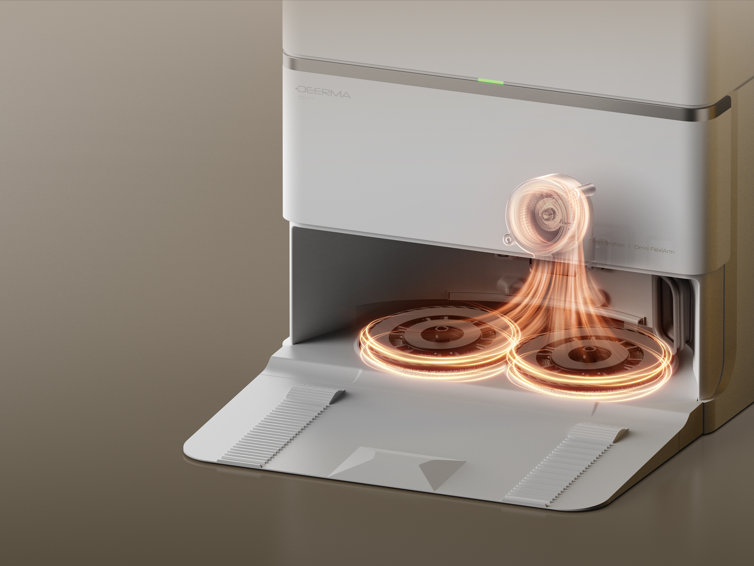 Białe i szare urządzenie czyszczące z świecącymi pomarańczowymi okręgami w środku. Urządzenie stoi na brązowej powierzchni.