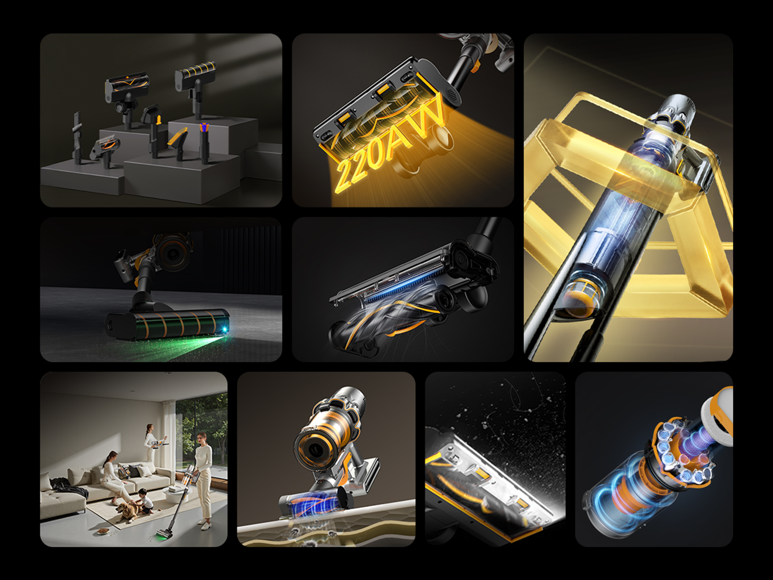 Kolaż części i zastosowań odkurzaczy. Wyświetlane są różne modele, w tym zbliżenia silnika i akcesoriów.