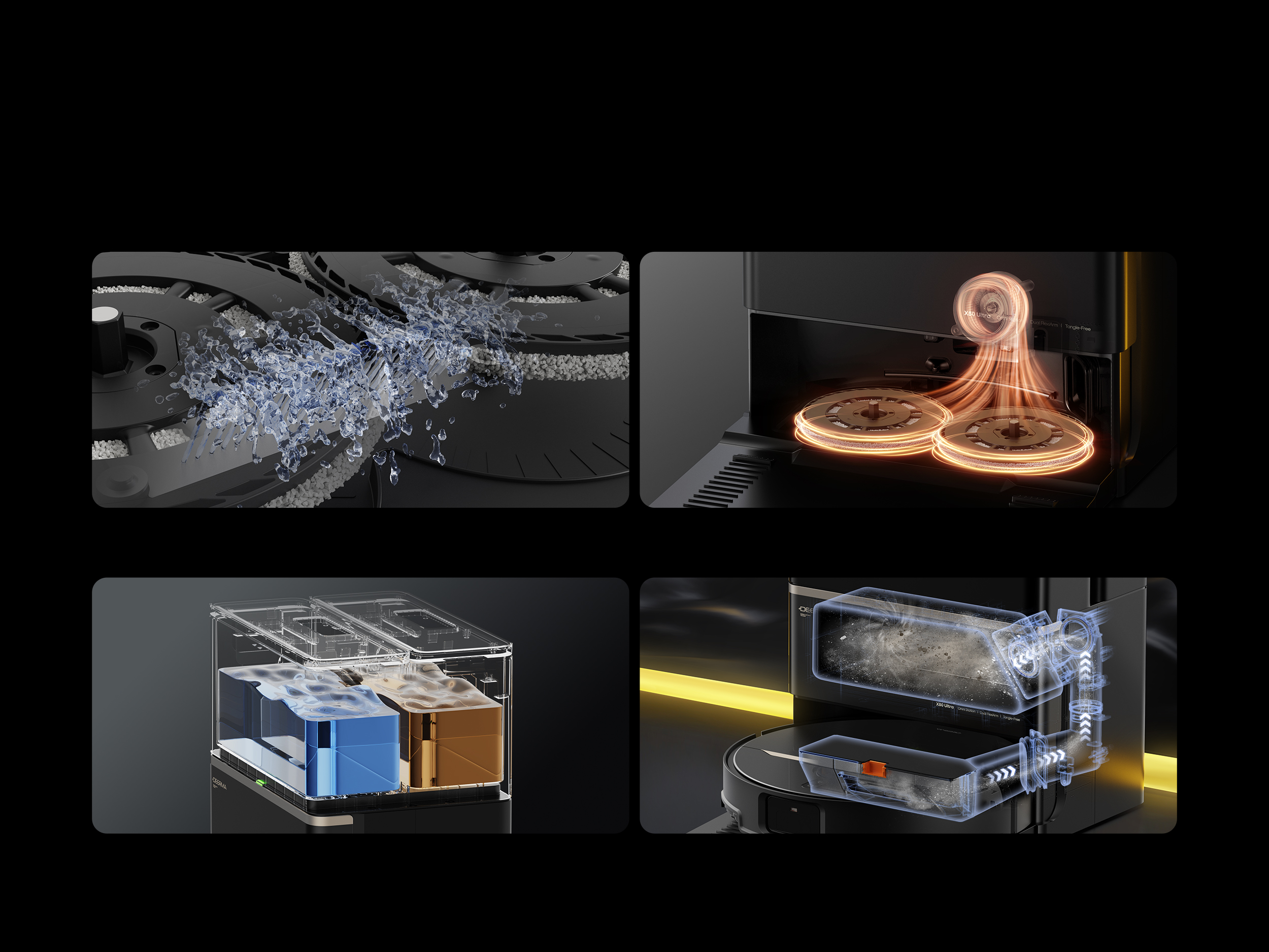 Cztery panele pokazujące technologię czyszczenia. Strumień wody czyszczący szczotkę, dwa obrotowe mopy, zbiorniki na wodę i odkurzacz.