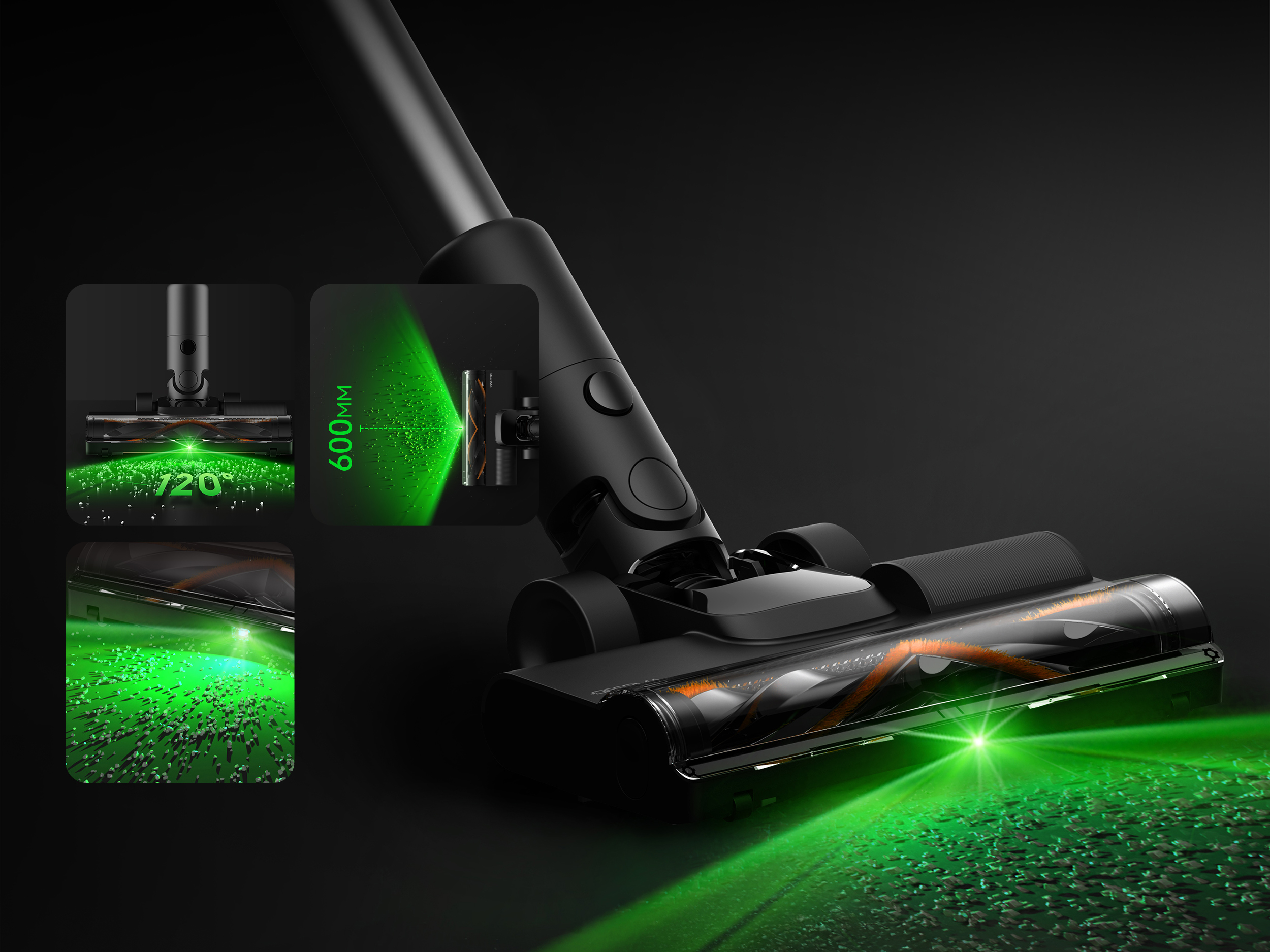 Czarny odkurzacz z efektami zielonego światła, podkreślający szczotkę i wykrywanie kurzu.
