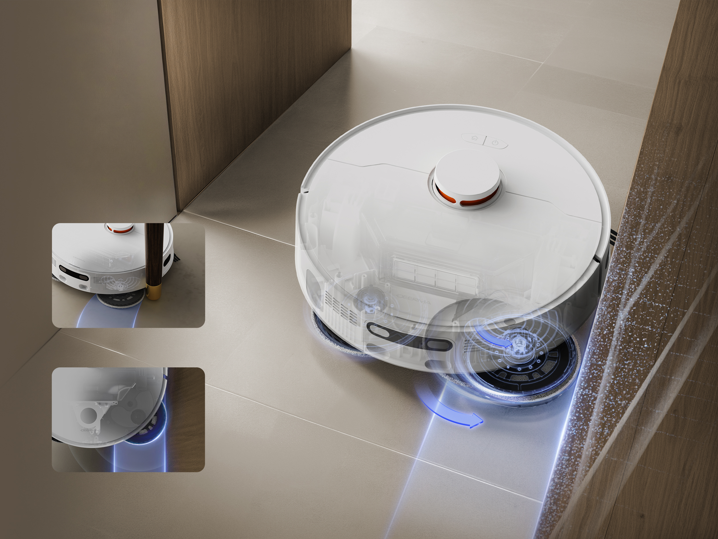 Biały robot odkurzający na podłodze z płytek. Odkurza z niebieskimi strzałkami i schematem.