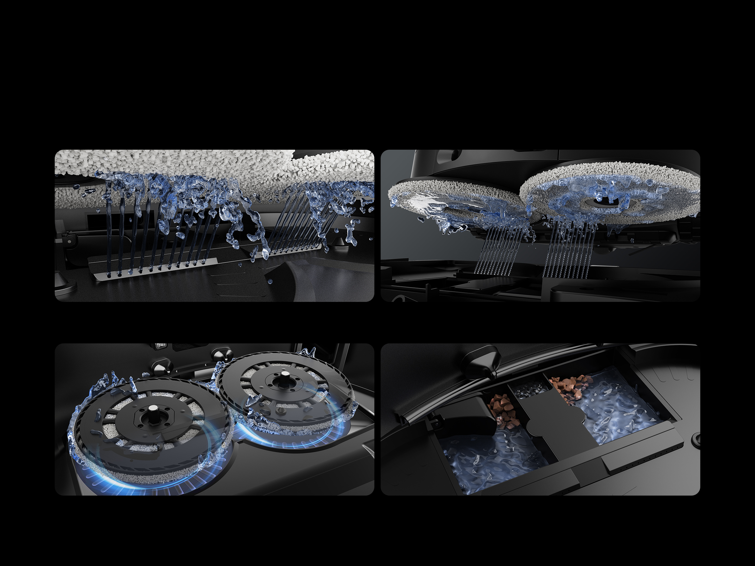 Robot sprzątający z natryskiem wody. Pokazuje pady czyszczące i komorę z wodą i zanieczyszczeniami.