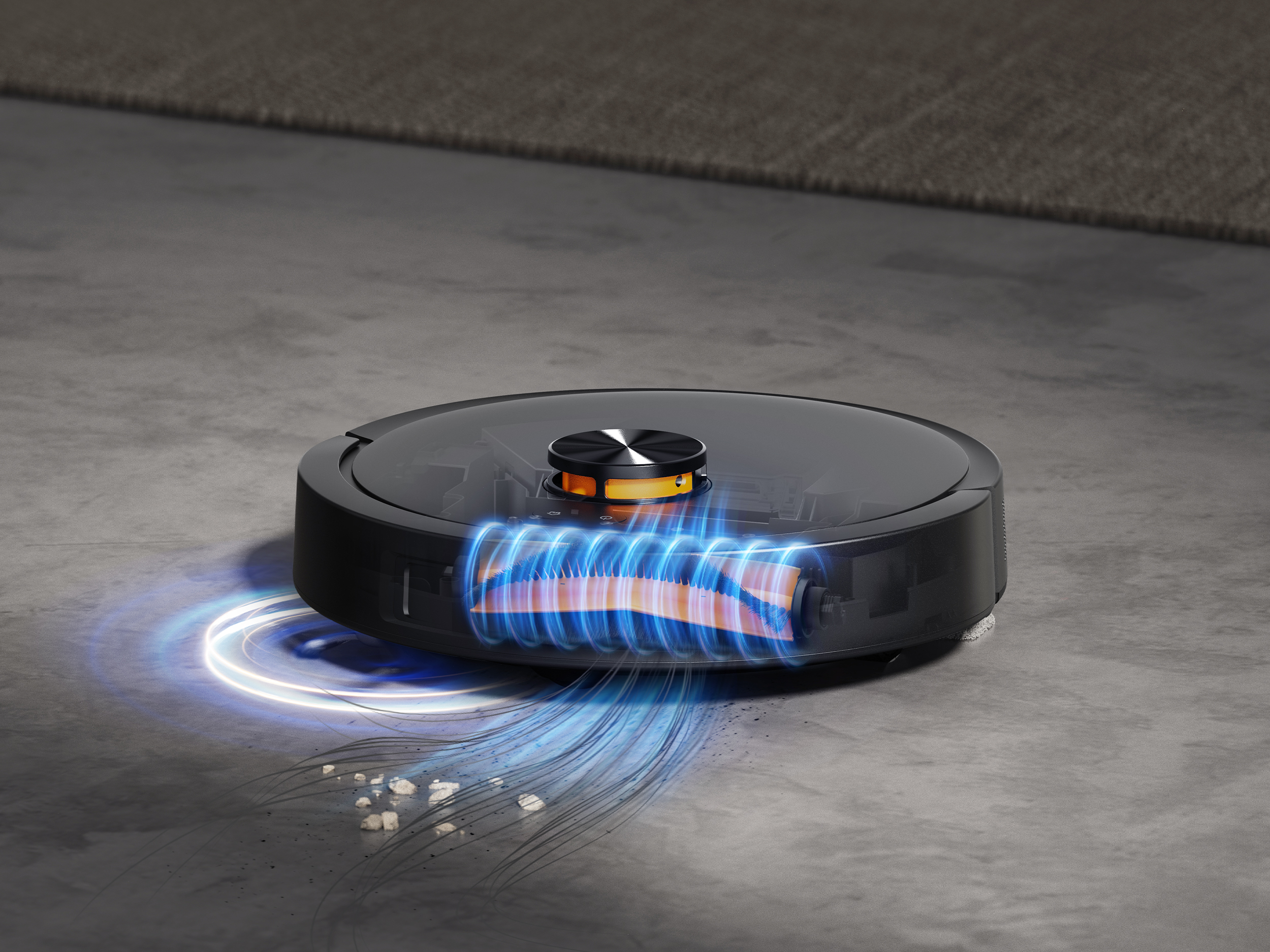 Czarny i przezroczysty odkurzacz robot na szarej podłodze. Kurz jest zbierany. W tle widoczny jest dywan.