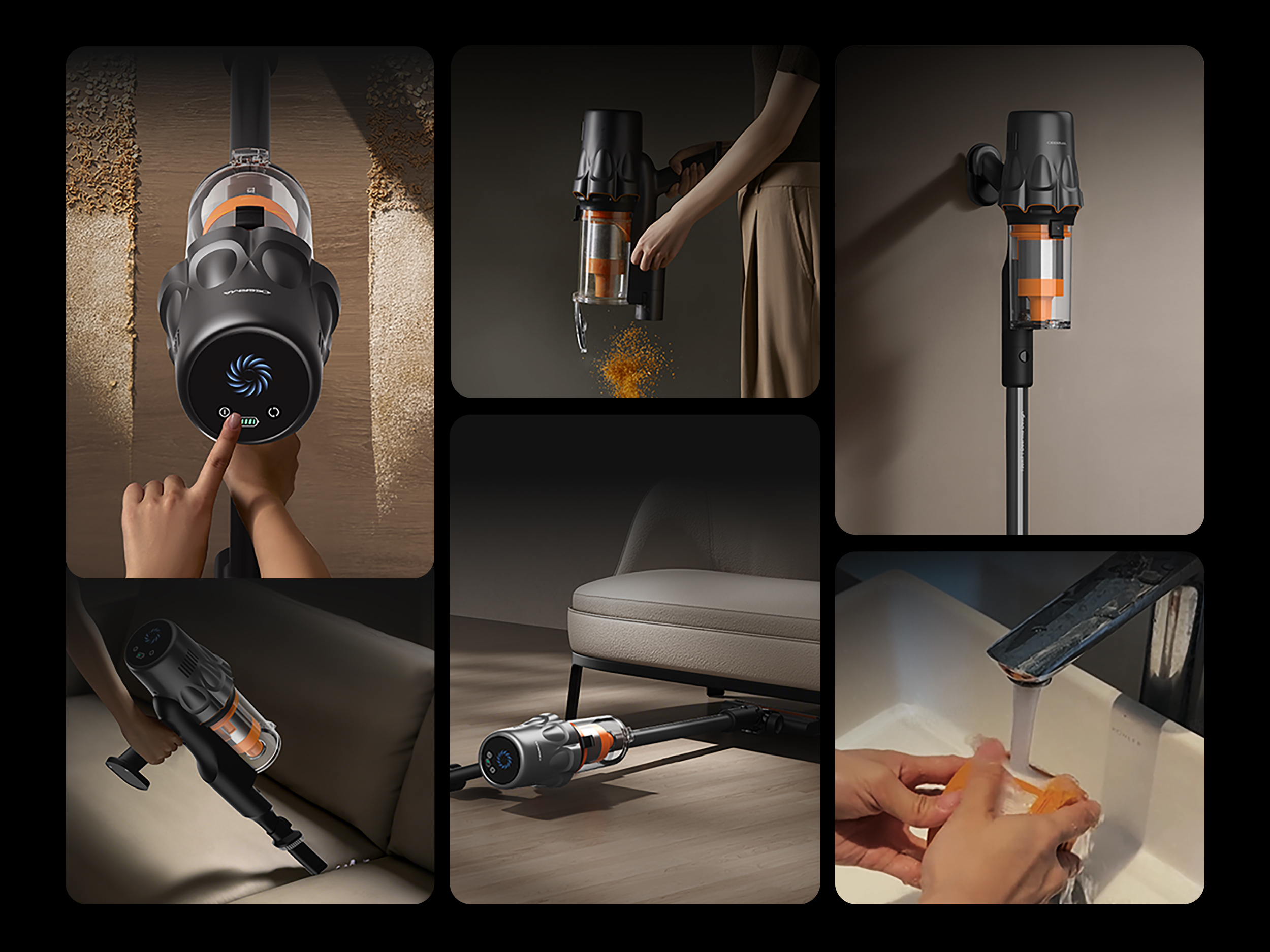 Odkurzacz w różnych zastosowaniach: czyszczenie podłogi, opróżnianie kurzu, montaż na ścianie, czyszczenie sofy, czyszczenie pod krzesłem, mycie filtra.