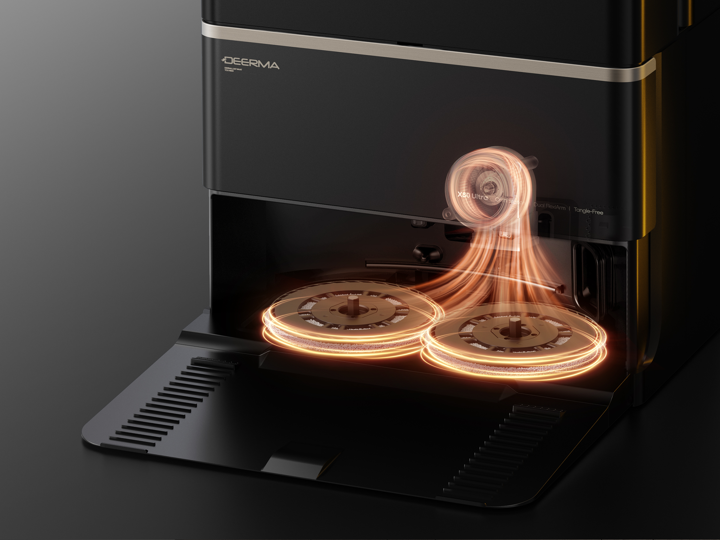 Czarny robot sprzątający z świecącymi elementami. Ma dwie okrągłe podkładki czyszczące i górną część z logo Deerma.