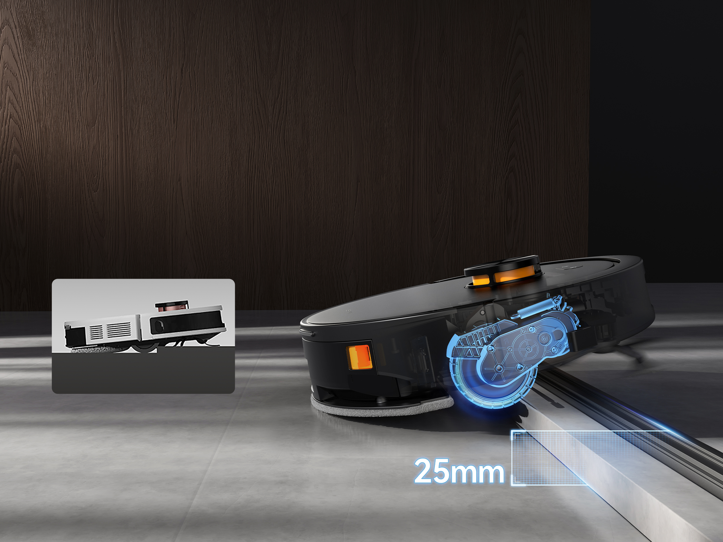 Czarny robot odkurzający z widokiem przekrojowym, pokazujący jego wewnętrzne mechanizmy. Grafika wskazuje prześwit 25 mm.