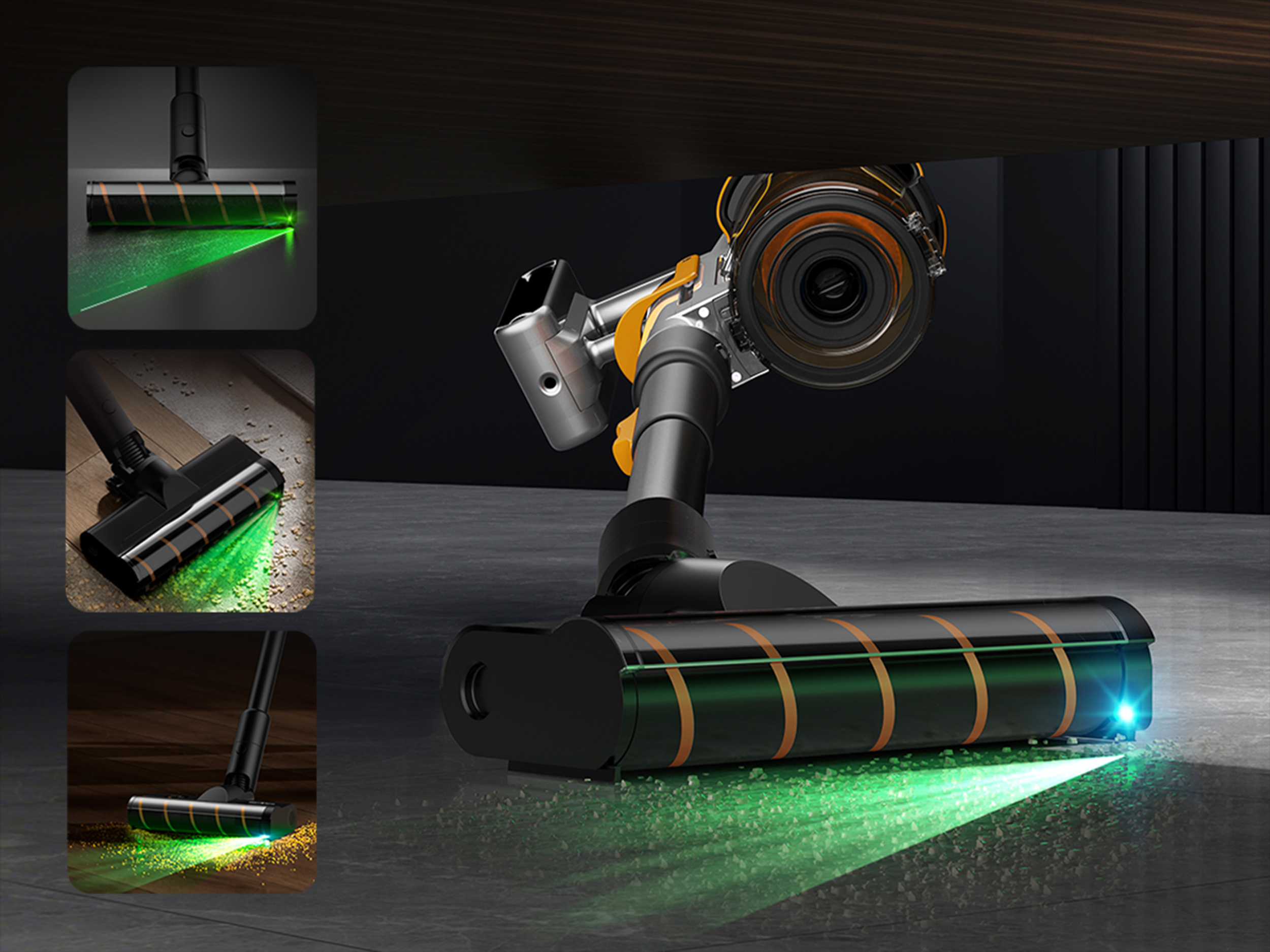 Odkurzacz z zielonym światłem na podłodze. Ma czarne, pomarańczowe i srebrne detale. Trzy zdjęcia pokazują światło.