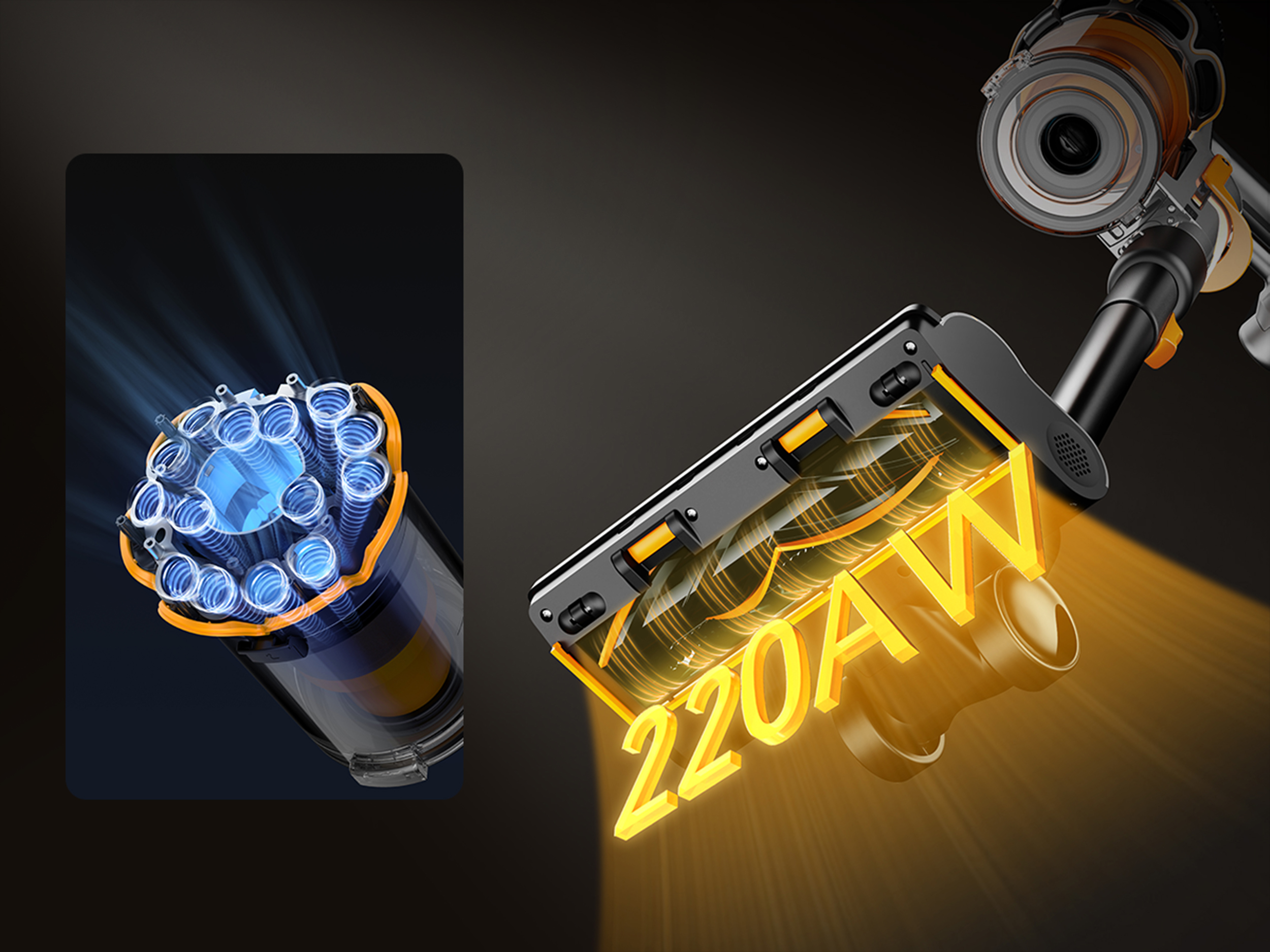 Pokazano elementy odkurzacza, ze wskaźnikiem mocy 220AW oraz szczegółami wewnętrznymi podświetlonymi na niebiesko i złoto.