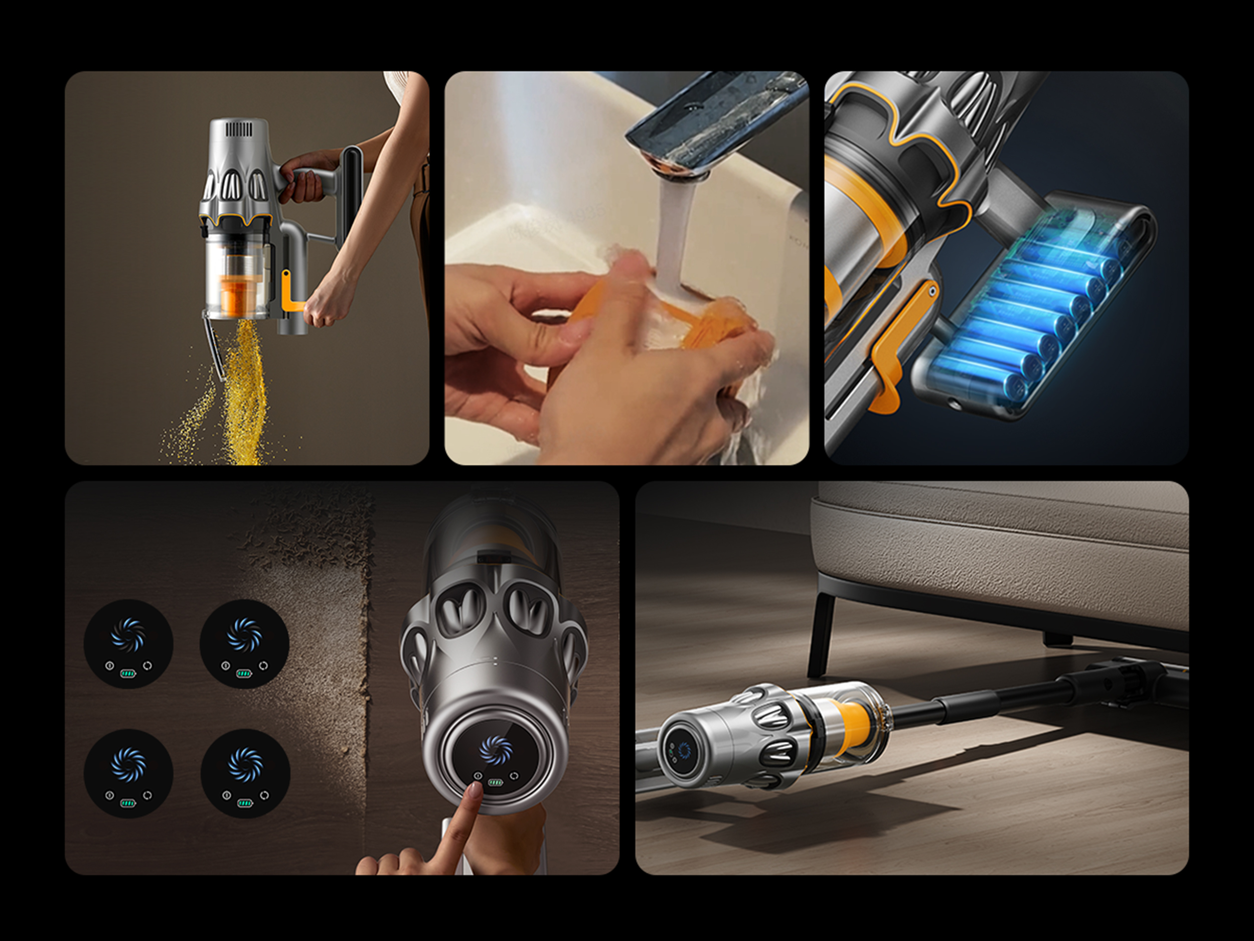 Kolaż szczegółów odkurzacza: ręczny, bateria, mycie części, brud i sprzątanie pod meblami.