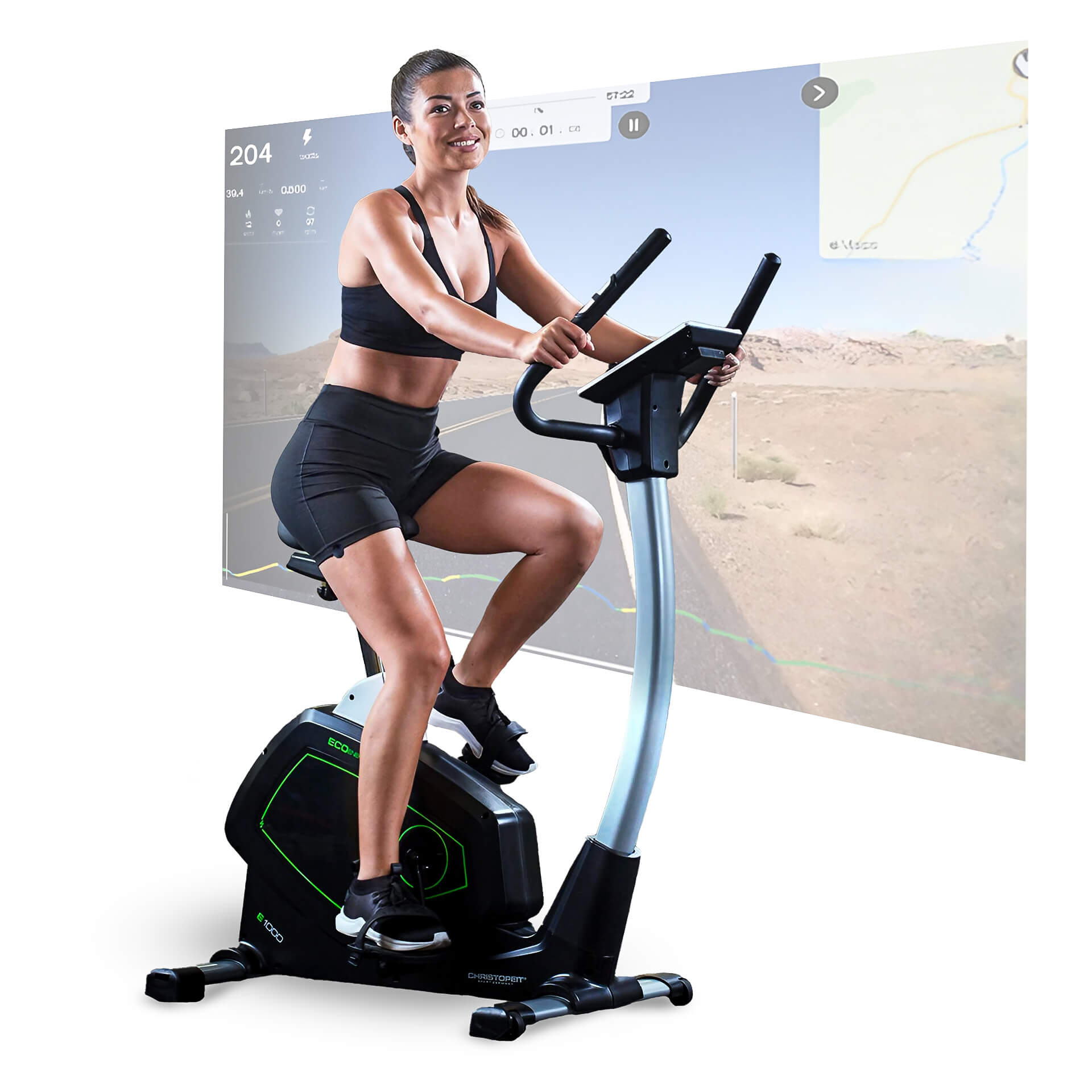 Frau auf einem Heimtrainer, lächelnd. Ein Bildschirm zeigt Statistiken und eine Straßenkarte. Schwarzes Fahrrad mit grünen Akzenten.