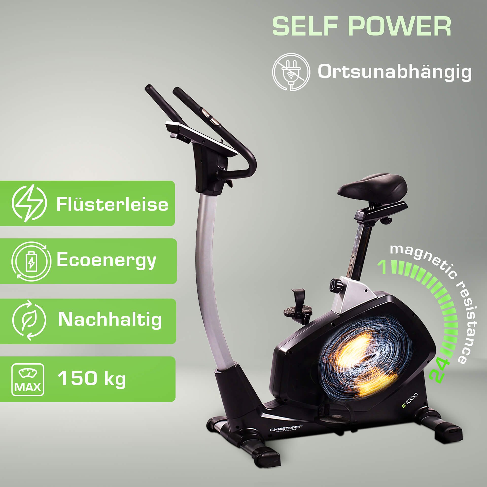 Ein Heimtrainer mit Self-Power-Funktionen wird gezeigt. Der Text enthält 'magnetischer Widerstand'. Das Fahrrad ist schwarz und grau. Der Hintergrund ist grau.
