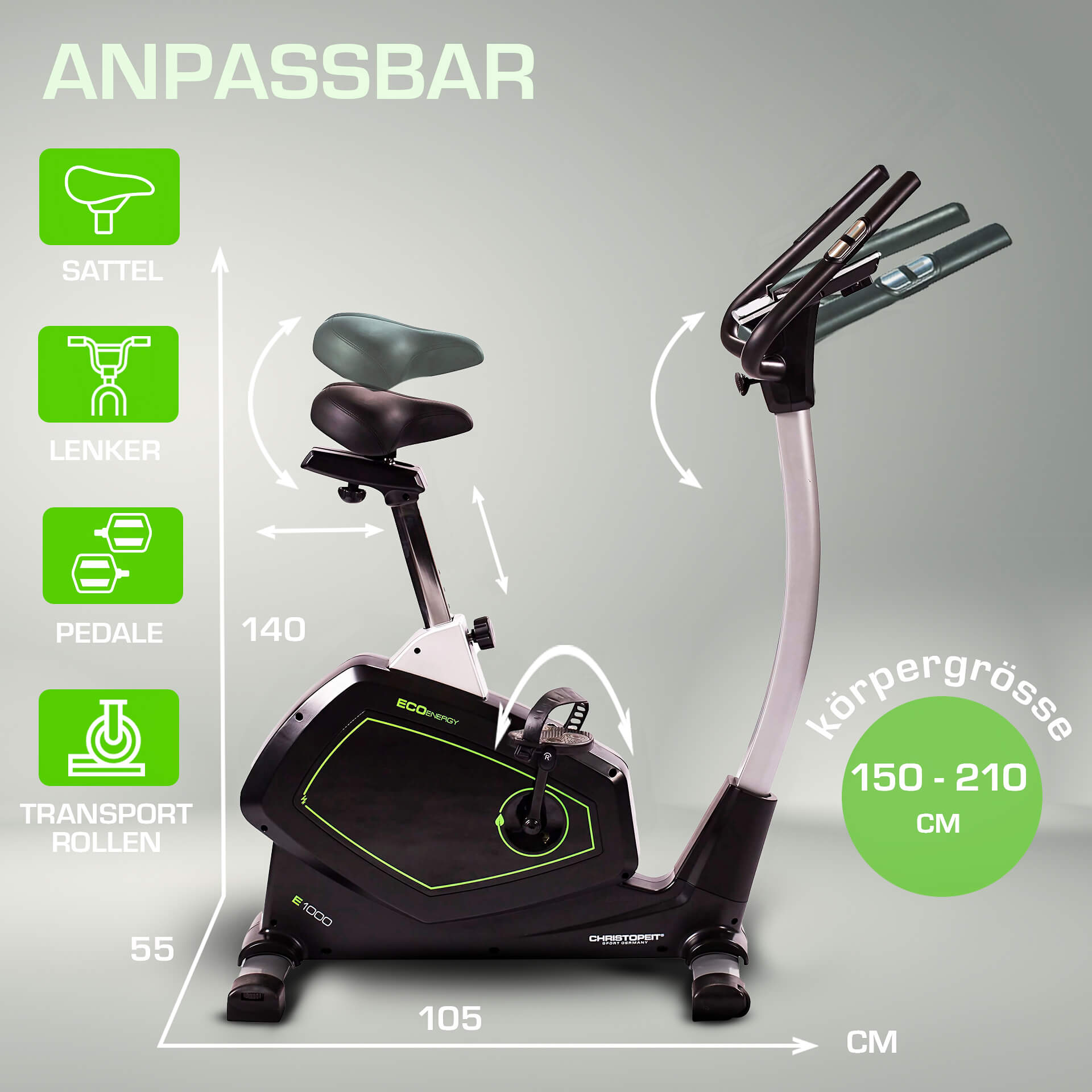 Ein Heimtrainer mit verstellbarem Sitz und Lenker. Er hat Pedale, Transportrollen und Größenmarkierungen auf grauem Hintergrund.