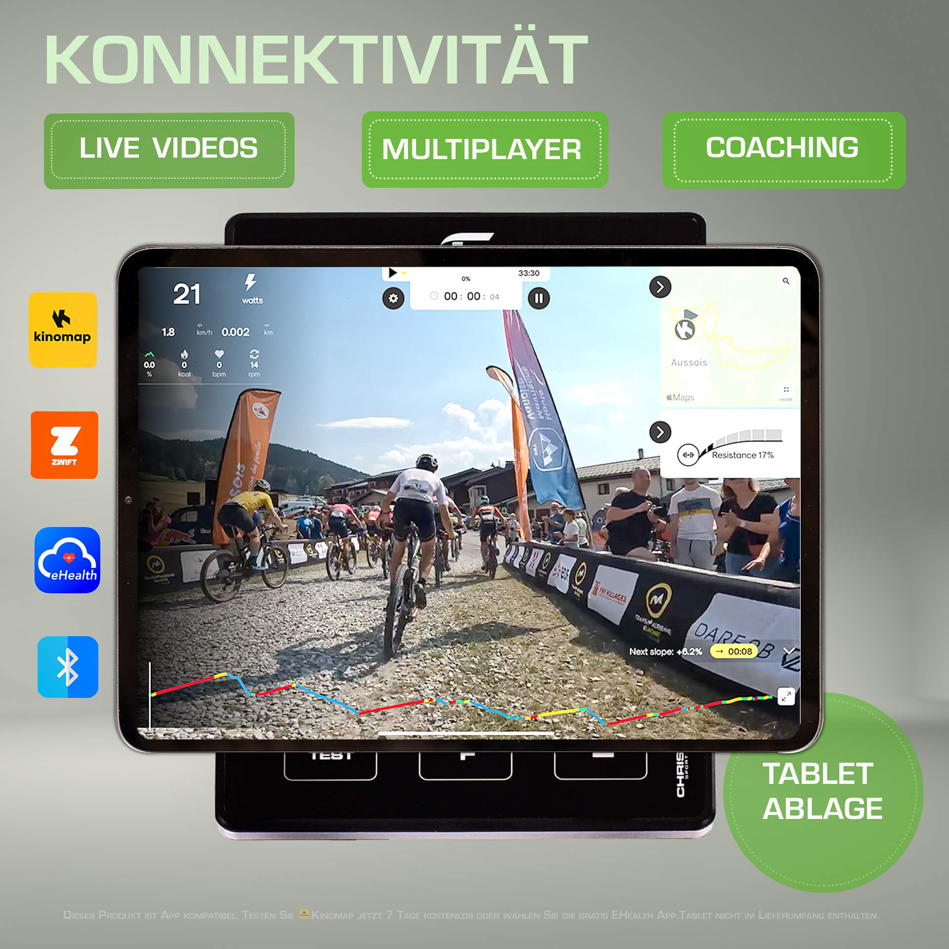 Ein Tablet zeigt ein Radrennen mit Datenüberlagerungen an. Fahrer fahren auf einer Straße. Der Bildschirm zeigt eine Karte, Statistiken und App-Symbole.