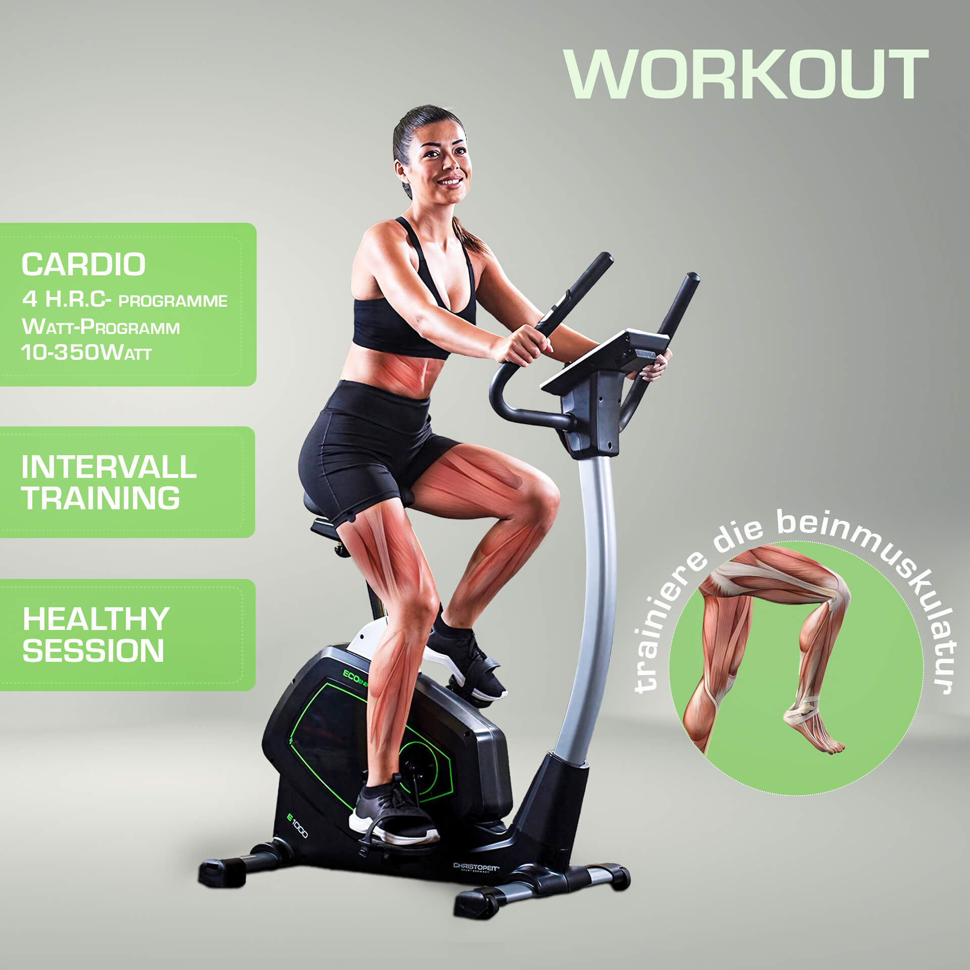 Frau auf einem Heimtrainer. Text-Overlays: 'Cardio', 'Intervalltraining', 'Gesunde Sitzung'. Muskeldiagramm am Bein.