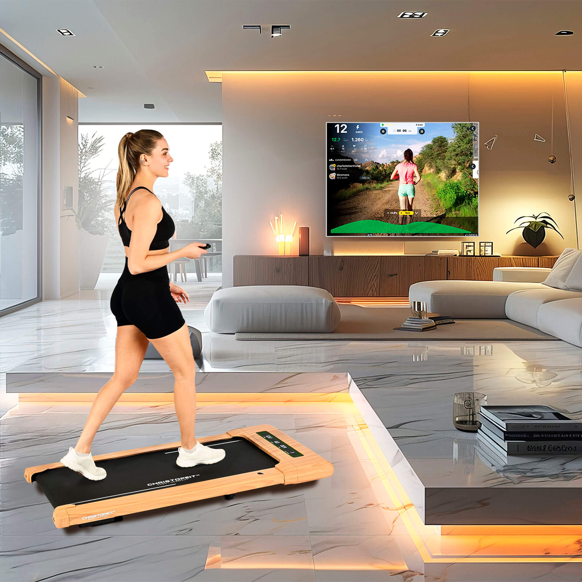Eine Frau trainiert auf einem Laufband und schaut auf einen Bildschirm. Der Raum ist modern mit großem Fernseher und weißen Möbeln.
