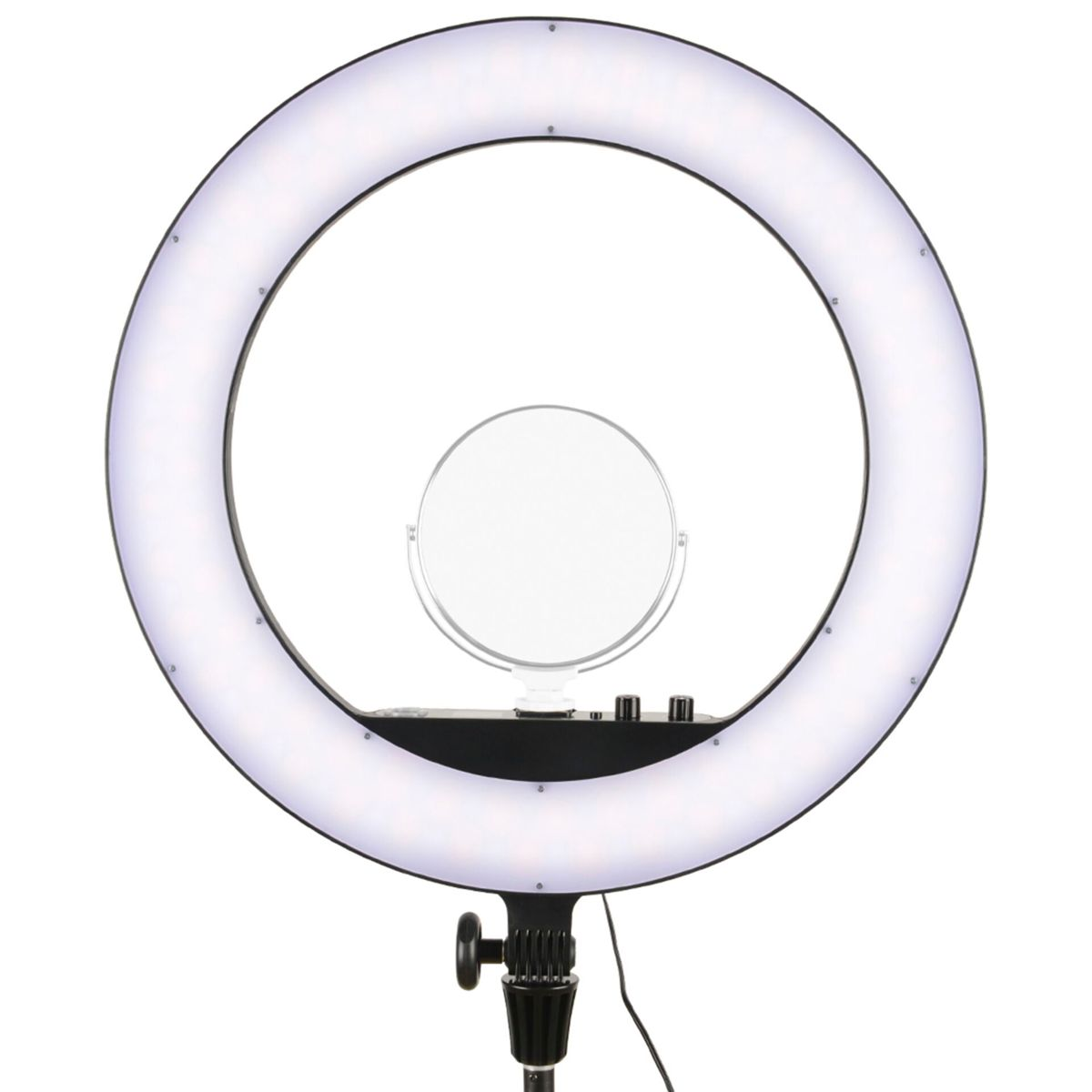 Ein Ringlicht mit rundem Spiegel in der Mitte, montiert auf einem Ständer. Das Ringlicht leuchtet, mit Bedienelementen und einem Netzkabel.