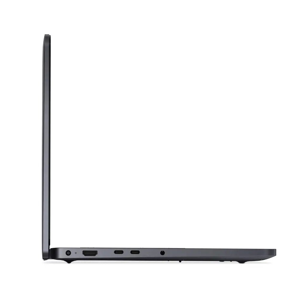 Koyu gri bir dizüstü bilgisayarın yan görünümü. USB-C, HDMI ve ses jakı gibi bağlantı noktaları görülüyor. Kapalı ekran, profil görünüyor.