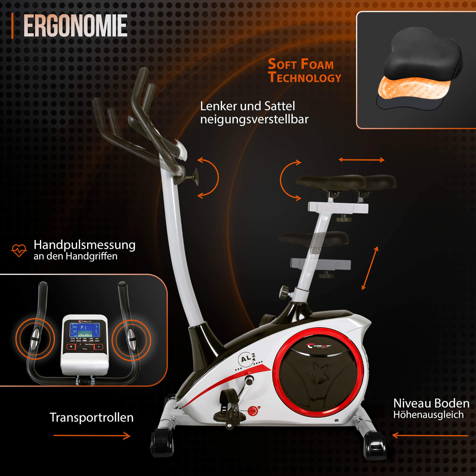 Ein Heimtrainer wird gezeigt, mit ergonomischen Merkmalen hervorgehoben. Details umfassen verstellbare Lenker, Sattel und Herzfrequenzsensoren.