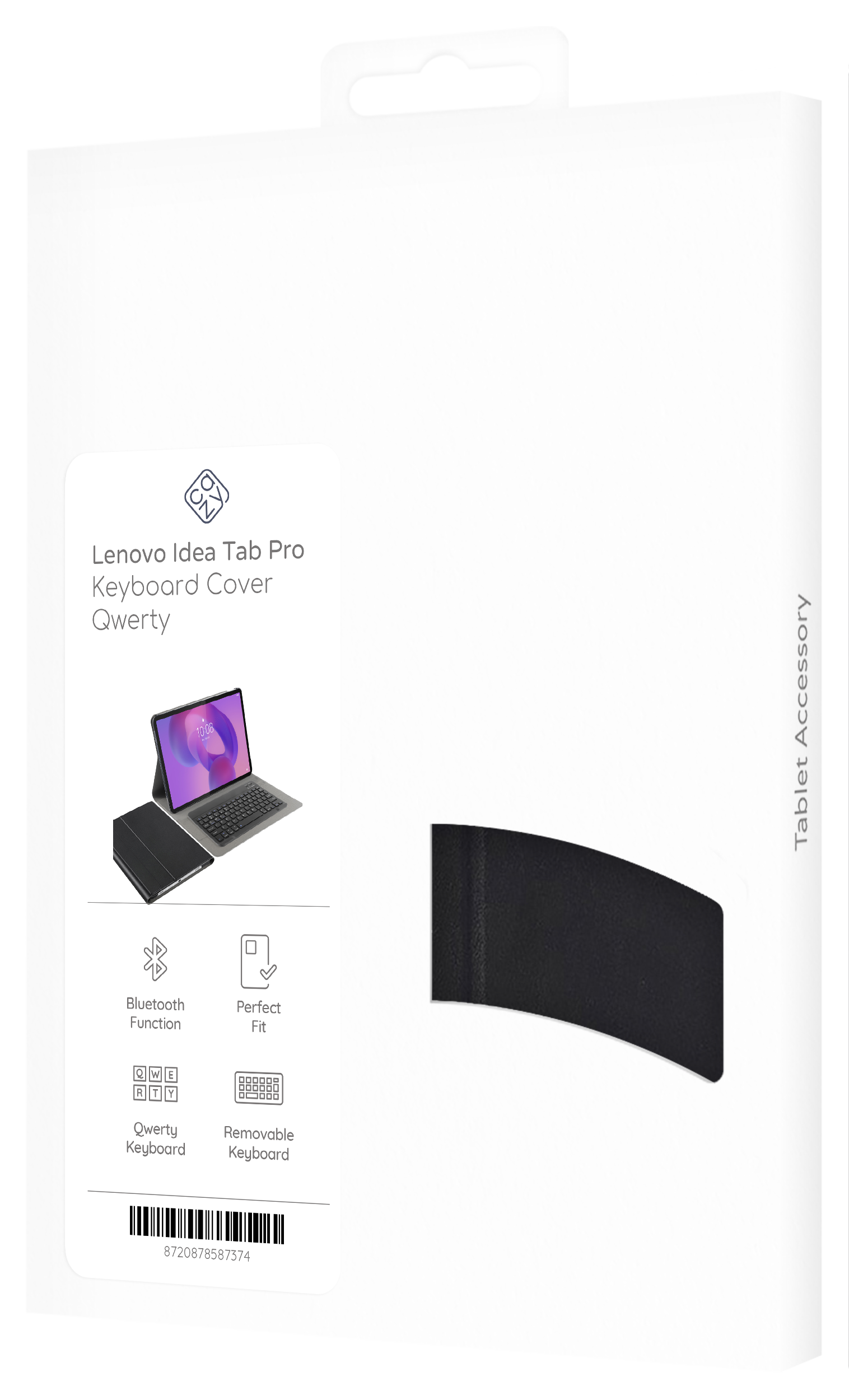 Eine Lenovo Idea Tab Pro Tastaturabdeckung. Sie verfügt über ein Tablet mit Tastatur, Symbole für Bluetooth, perfekte Passform und Qwerty-Tastatur.