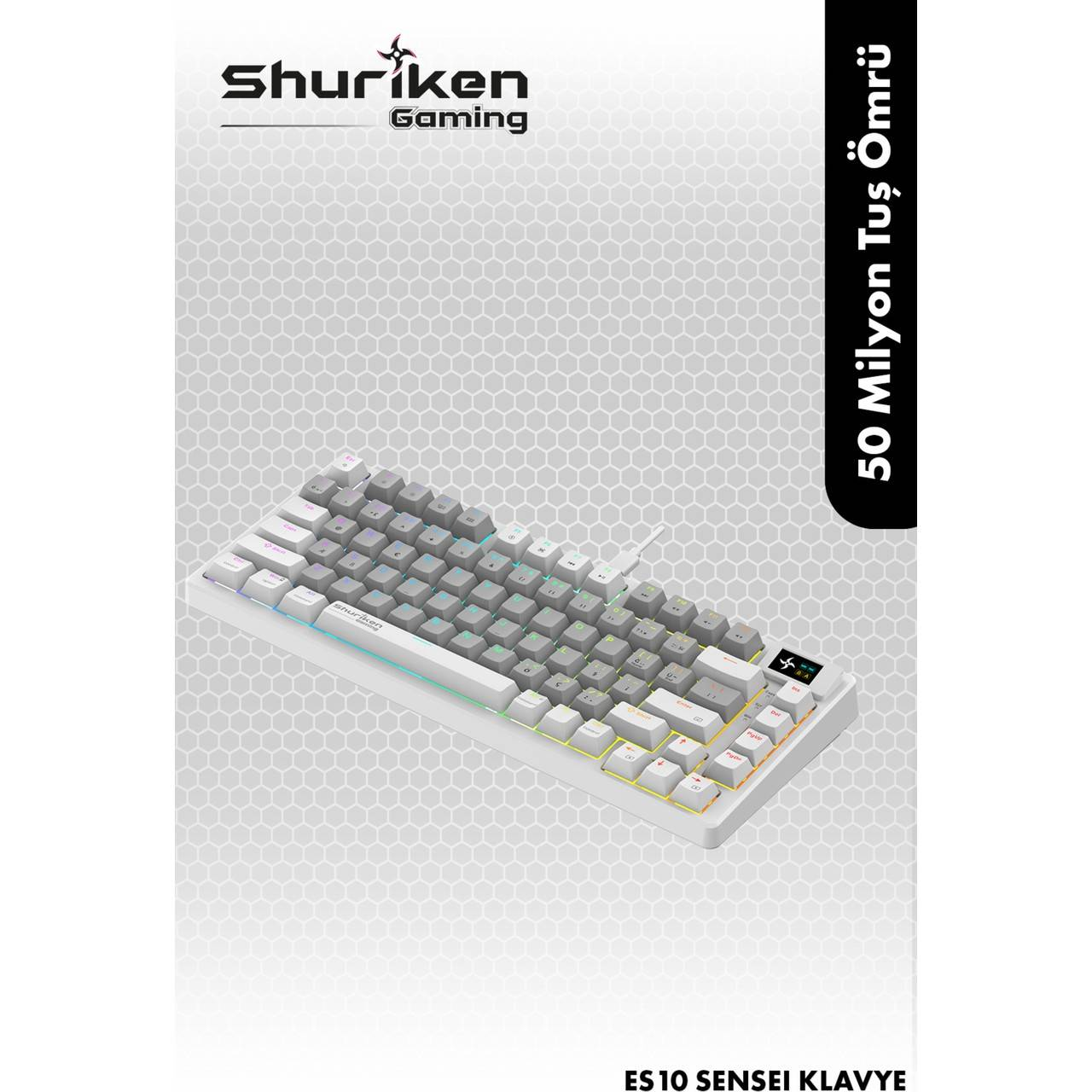 Gri tuşlu beyaz oyun klavyesi. Tuşların altında gökkuşağı ışıkları. Marka Shuriken Gaming. Arka plan desenli beyaz.