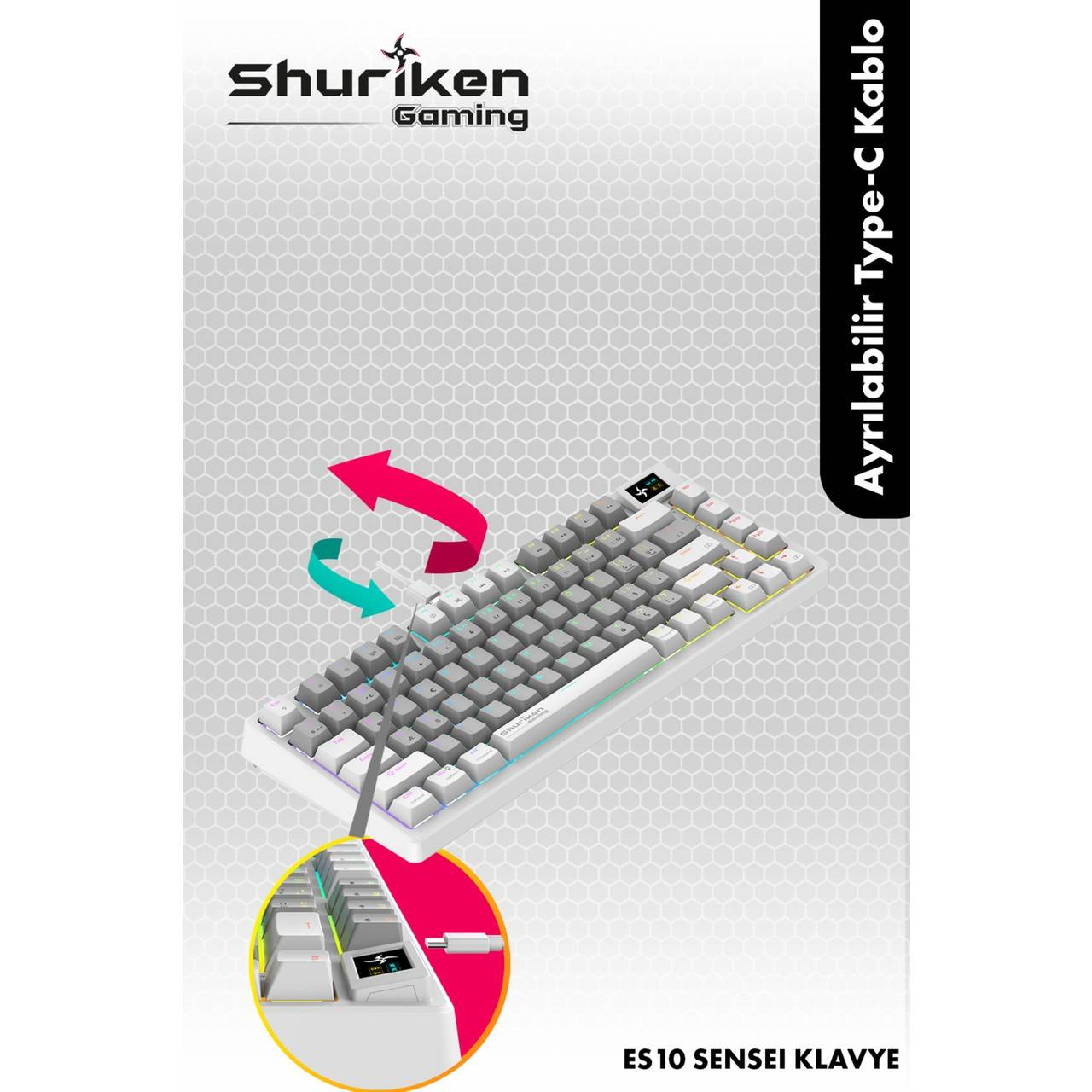 Gri tuşlu beyaz klavye, kırmızı ve yeşil oklar ve çıkarılabilir Tip-C kablo, Shuriken Gaming logosu.