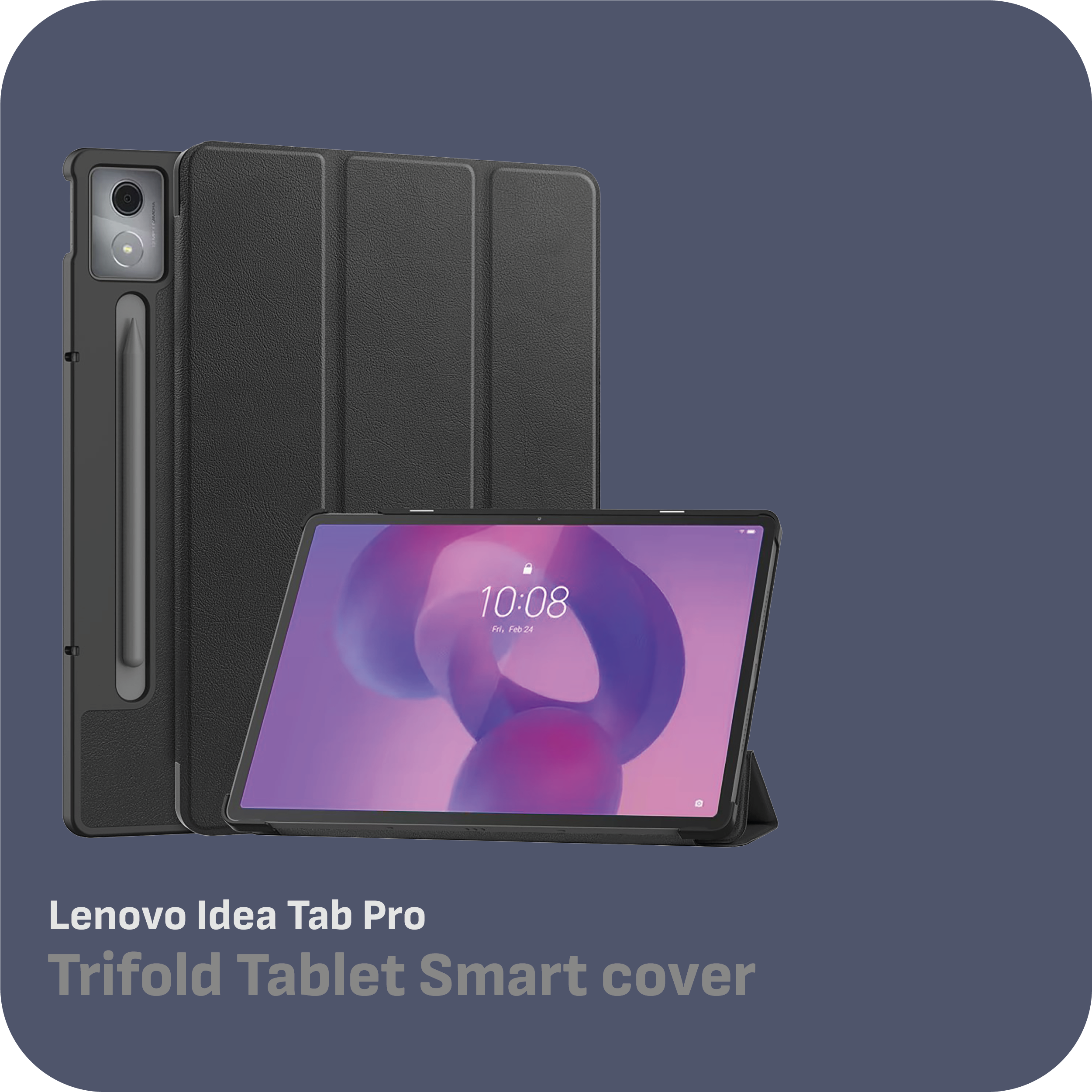 Ein Tablet mit schwarzer Smart-Hülle. Der Bildschirm zeigt die Uhrzeit an. Ein Stift ist an der Seite.