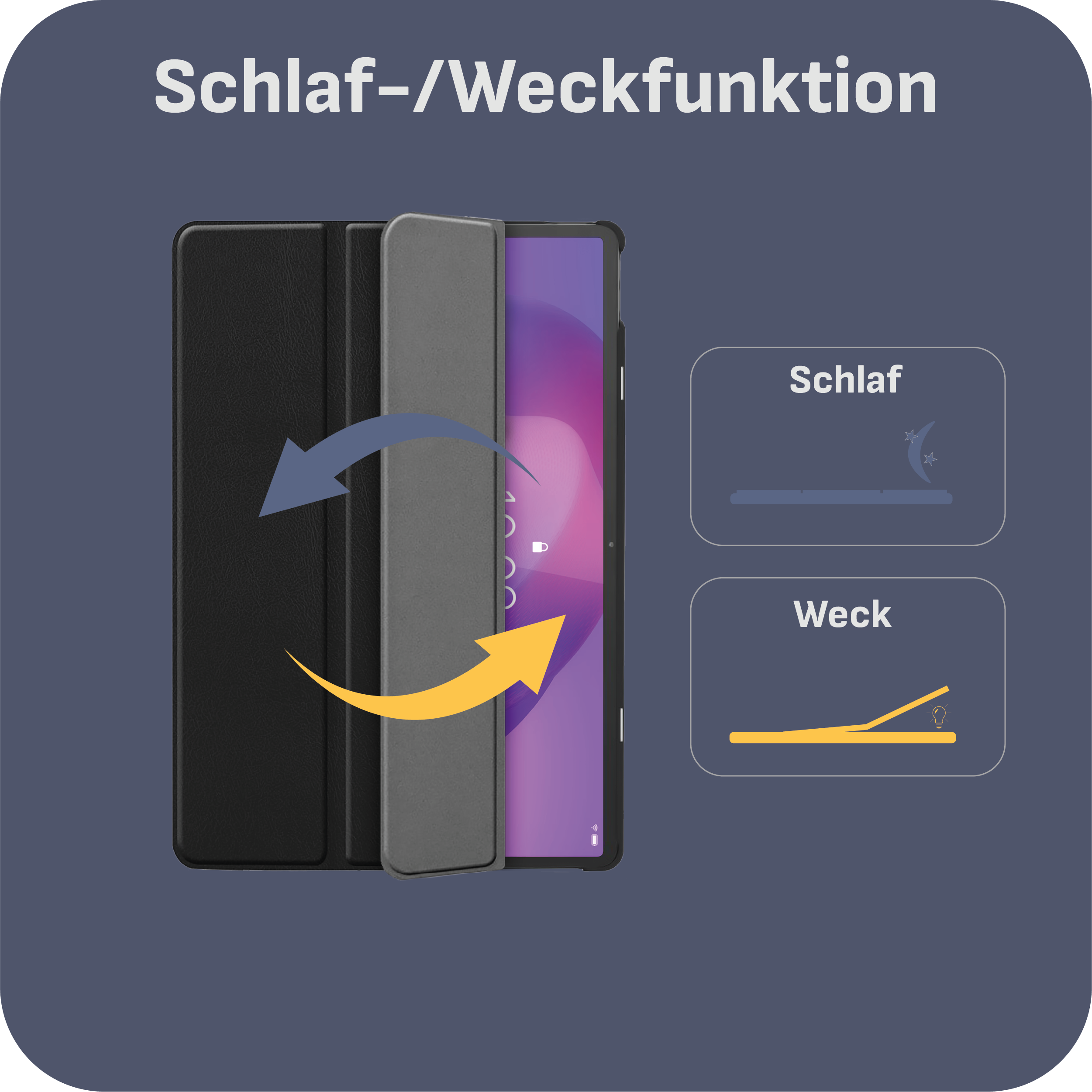 Illustration einer Tablet-Hülle mit einem Pfeil, der die Schlaf-/Weckfunktion auf blauem Hintergrund zeigt.