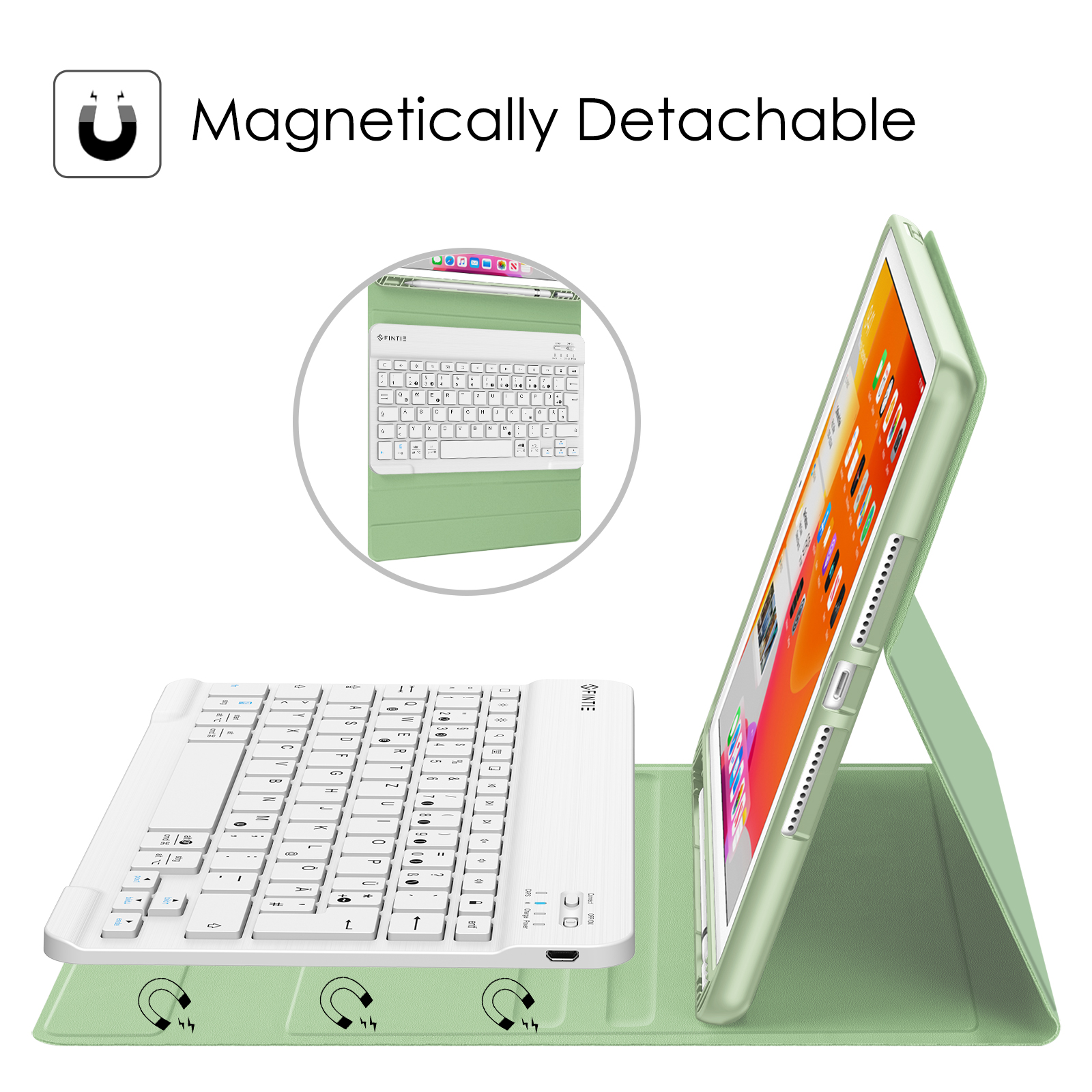 Ein iPad in einem grünen Case mit einer weißen Tastatur. Die Tastatur ist magnetisch abnehmbar. Das Case ist offen, zeigt den Bildschirm.