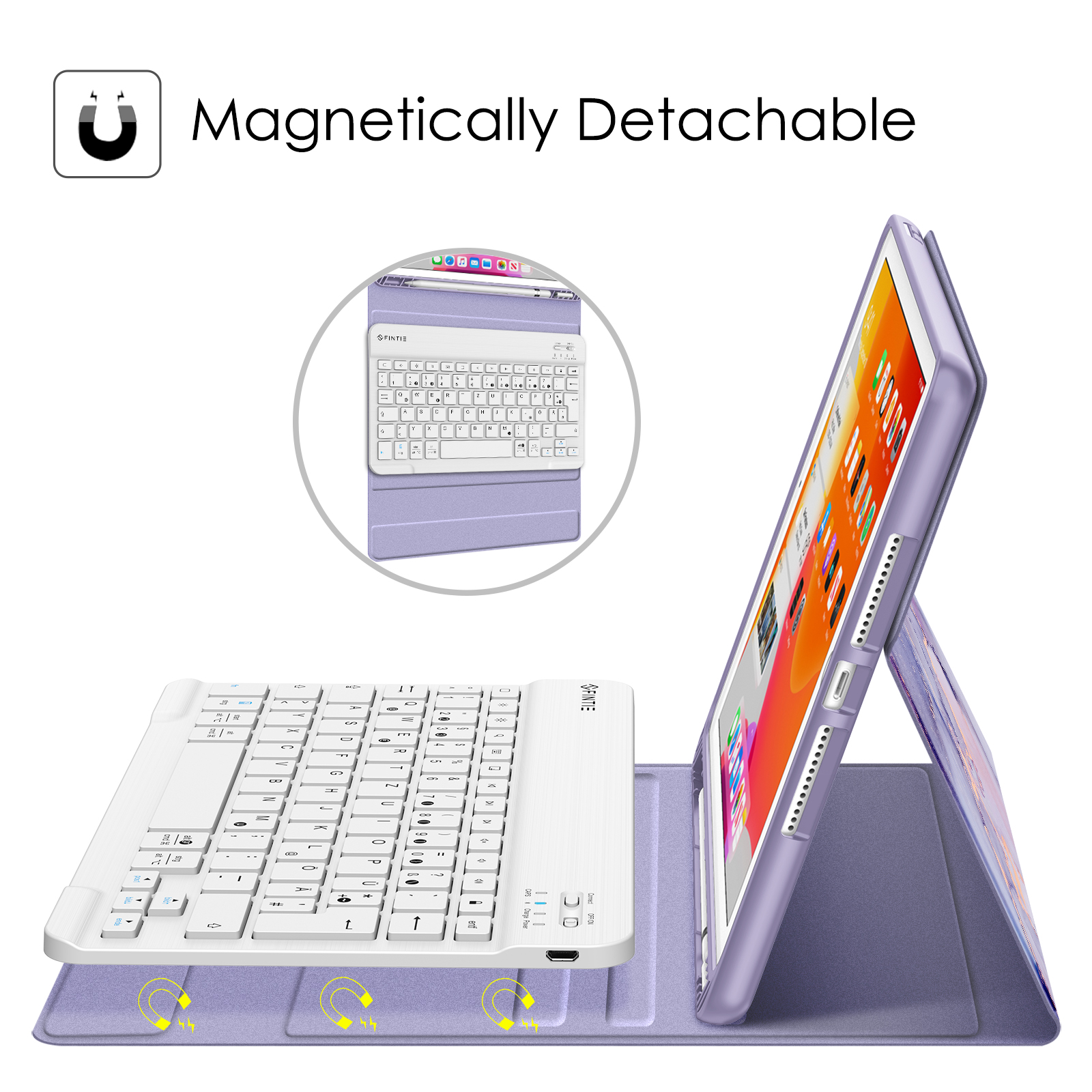Ein Tablet mit weißer Tastaturhülle, lila Hülle und Ständer. Es zeigt 'Magnetically Detachable'.