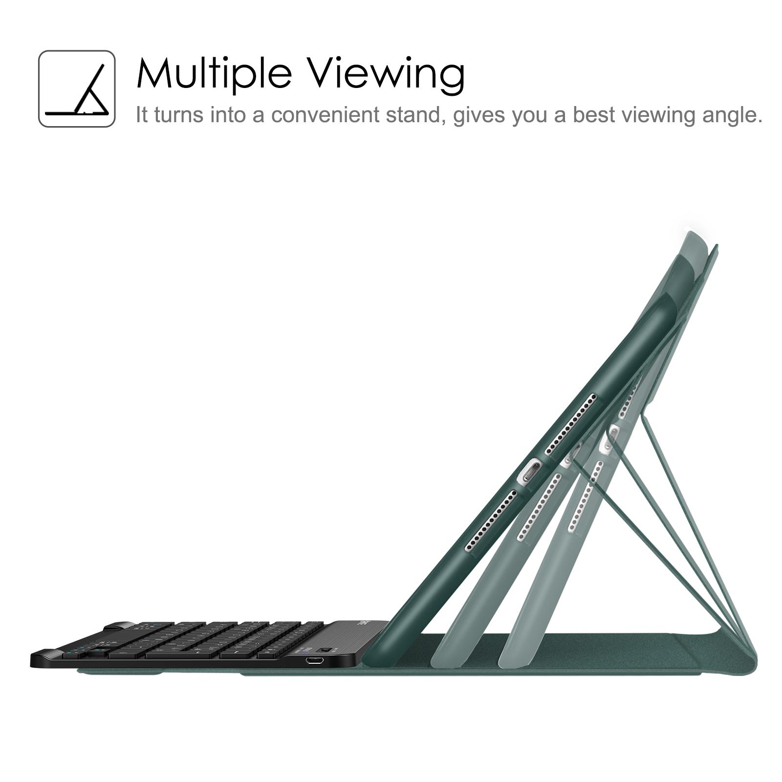 Eine Tablethülle mit Tastatur. Das Tablet ist in verschiedenen Betrachtungswinkeln, unterstützt von einem Ständer.