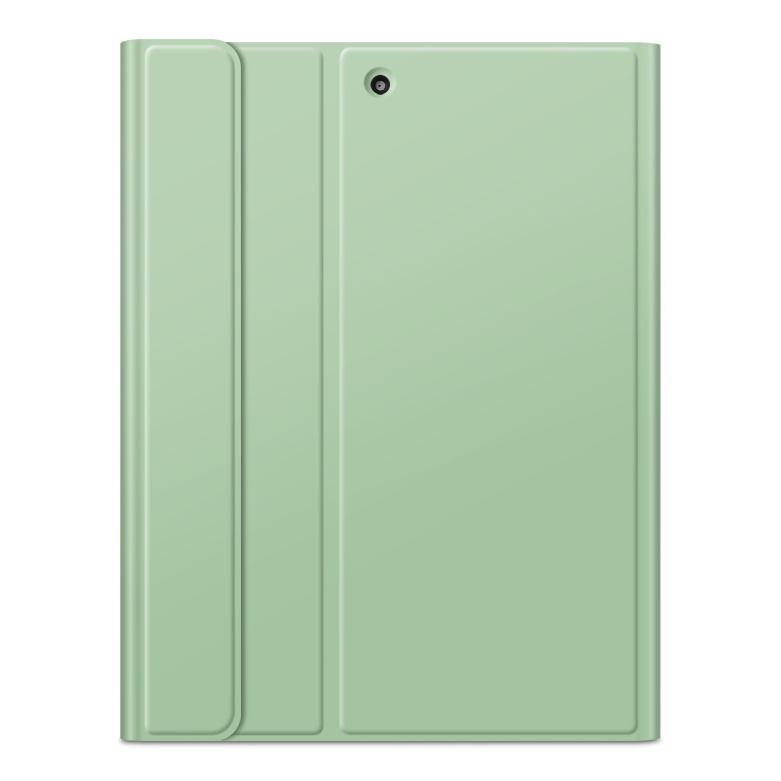 Eine hellgrüne Tablet-Hülle, teilweise geöffnet, mit sichtbarem Kameraobjektiv. Der Hintergrund ist weiß.