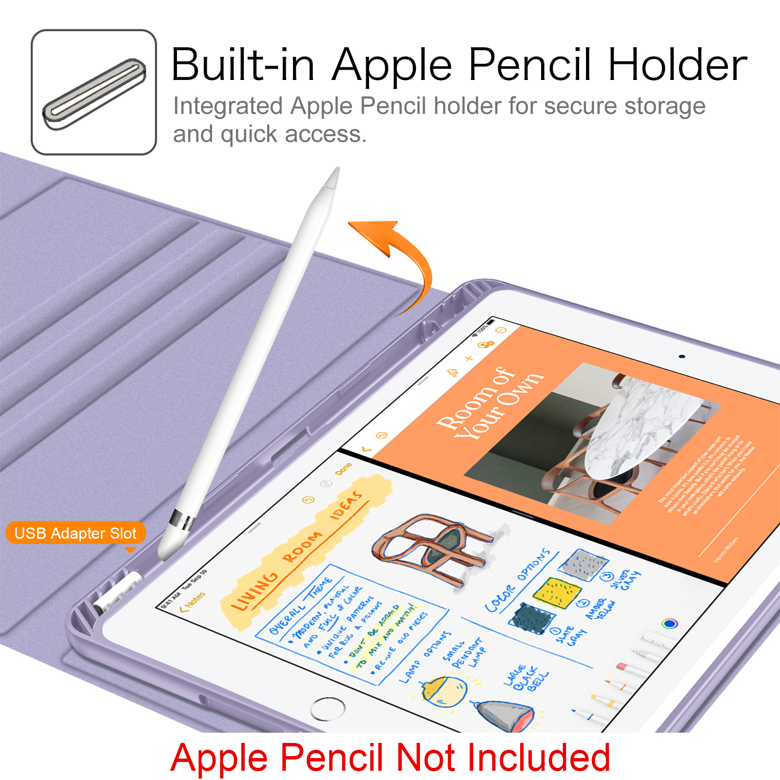 Ein iPad mit Stift. Der Bildschirm zeigt Raumdesign-Ideen. Die Hülle ist lila mit integriertem Stifthalter.