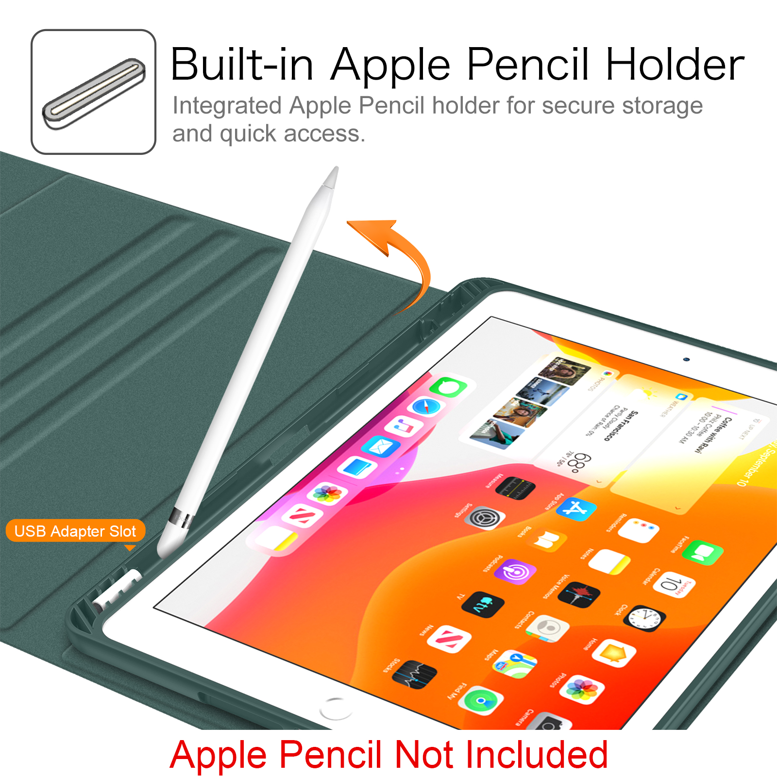 Ein iPad mit Apple Pencil. Die Hülle hat einen eingebauten Halter. Der Bildschirm zeigt Apps.