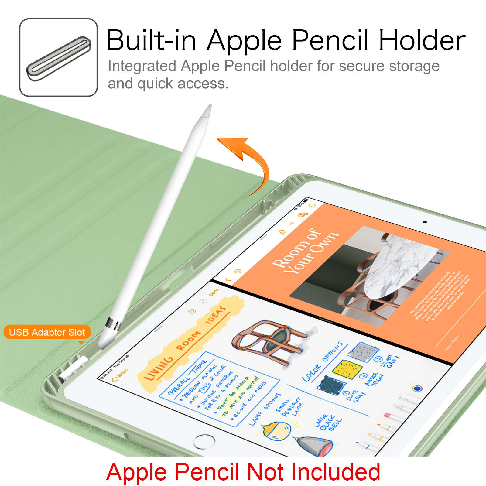 iPad mit Stift und Ideen. Der Bildschirm zeigt Raumideen. Ein Stift ist im Halter zu sehen. Es gibt Farbauswahl.